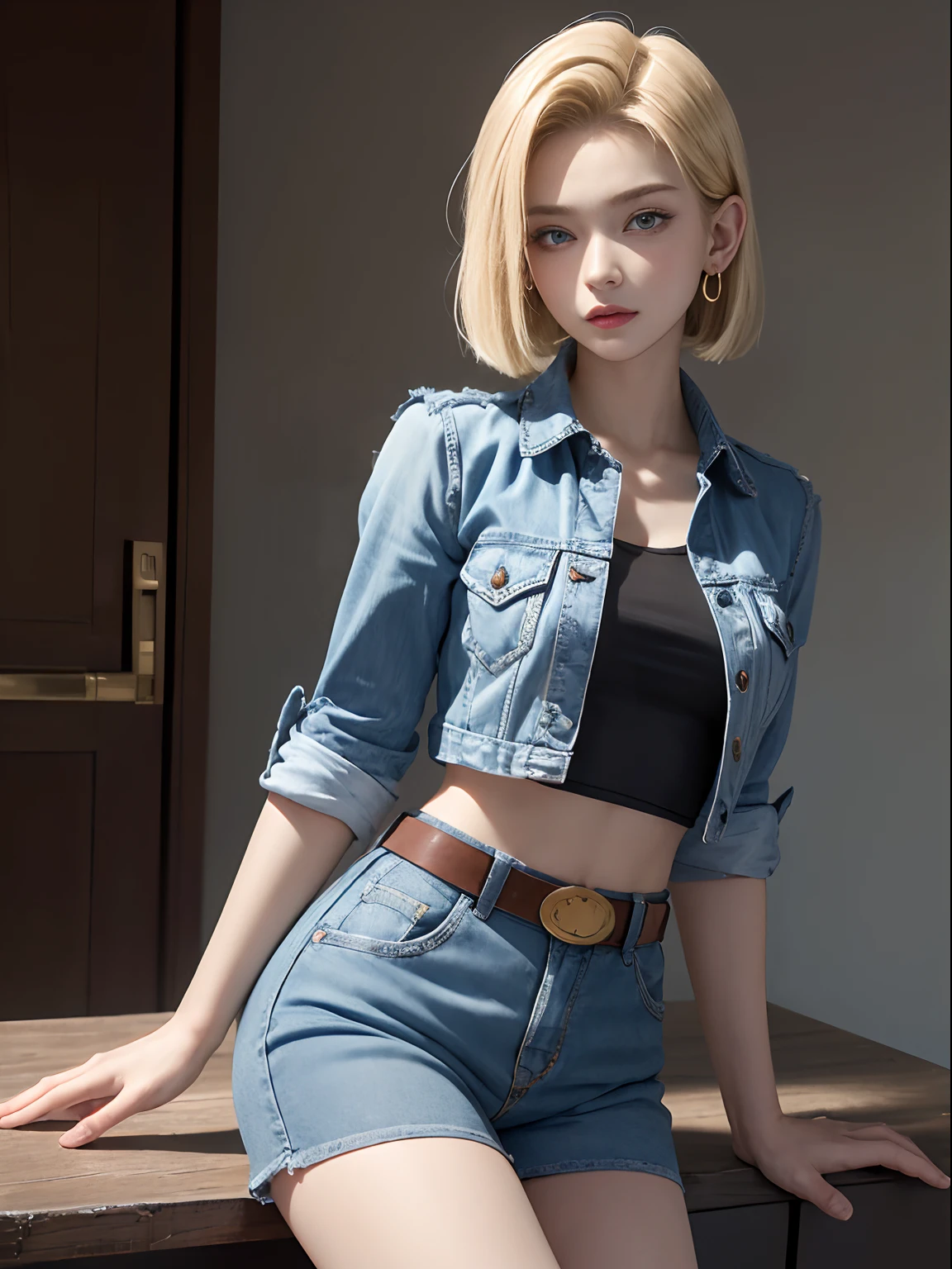 (Masterpiece, Best quality), 1girll, Beautiful face, Beautiful body,  Android18, Earrings, Denim, belt