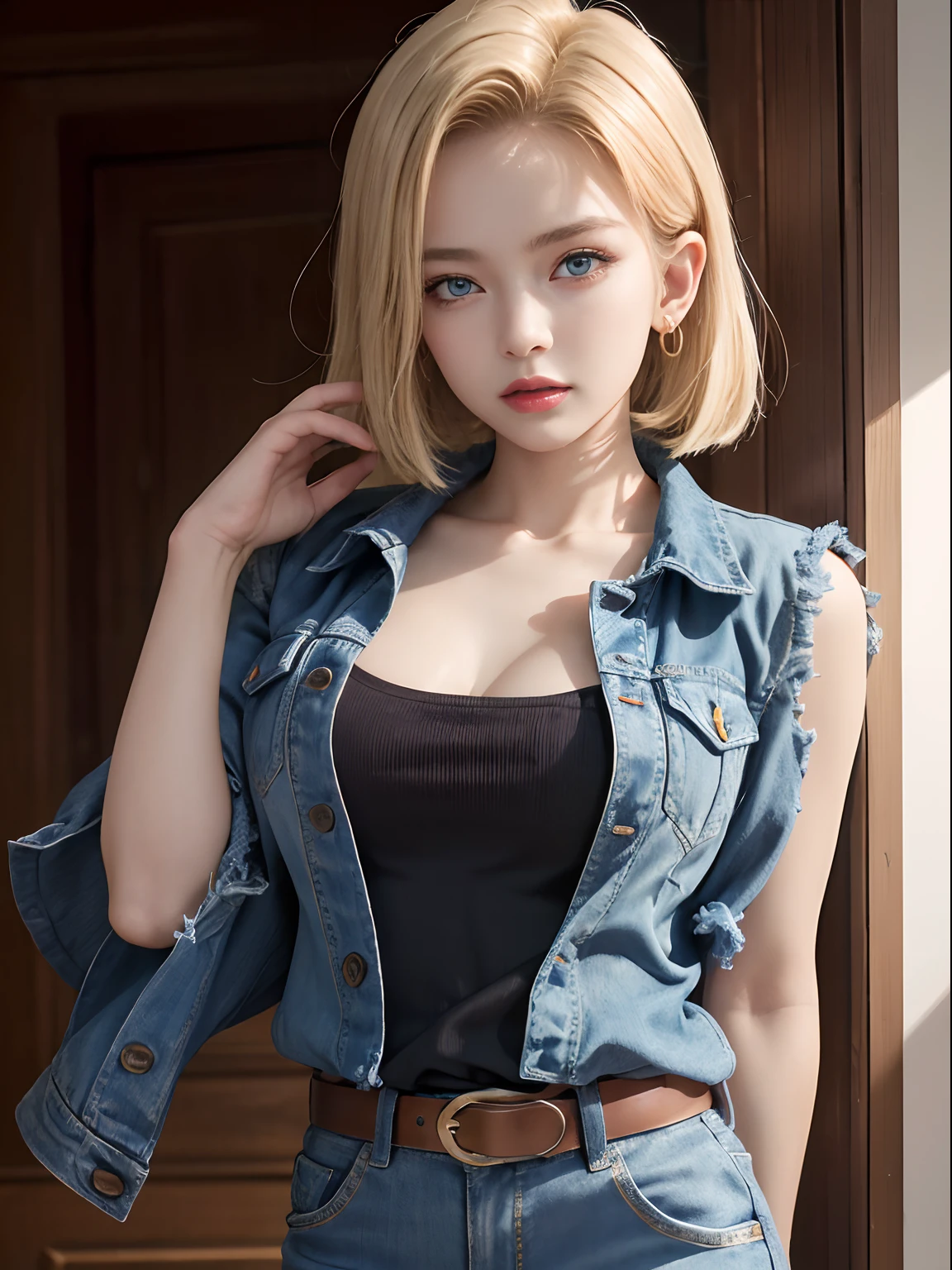 (Masterpiece, Best quality), 1girll, Beautiful face, Beautiful body,  Android18, Earrings, Denim, belt