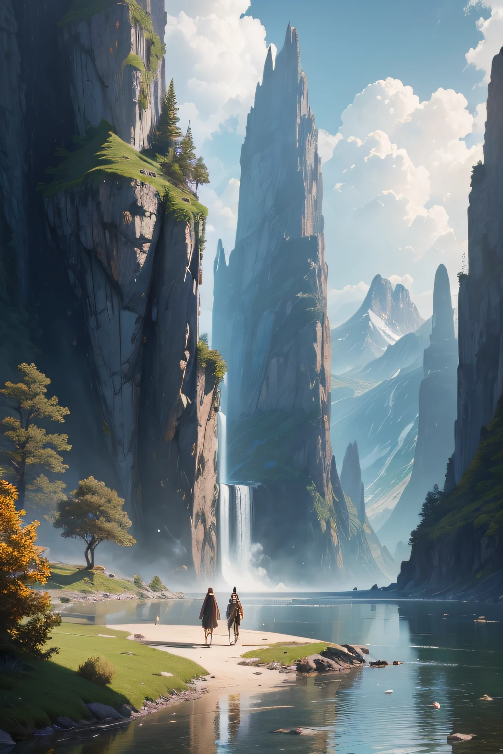 masterpiece, best quality, high quality, extremely detailed CG unity 8k wallpaper, scenery, outdoors, sky, cloud, day, no humans, mountain, landscape, water, tree, blue sky, waterfall, cliff, nature, lake, river, cloudy sky,award winning photography, Bokeh, Depth of Field, HDR, bloom, Chromatic Aberration ,Photorealistic,extremely detailed, trending on artstation, trending on CGsociety, Intricate, High Detail, dramatic, art by midjourney no person