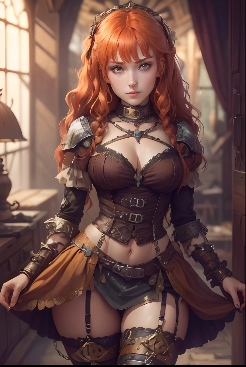 1girö, armoured knight, luxurious ginger hair, metal plates, post apocalypse, steampunk