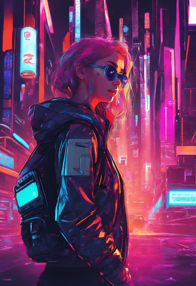 8K,Fine picture quality,Future street background,A cyberpunk girl,Carry this futuristic technology backpack,The backpack has a light,Wearing futuristic technology glasses,Glasses have light,Future lighting camera in hand,Back shadow