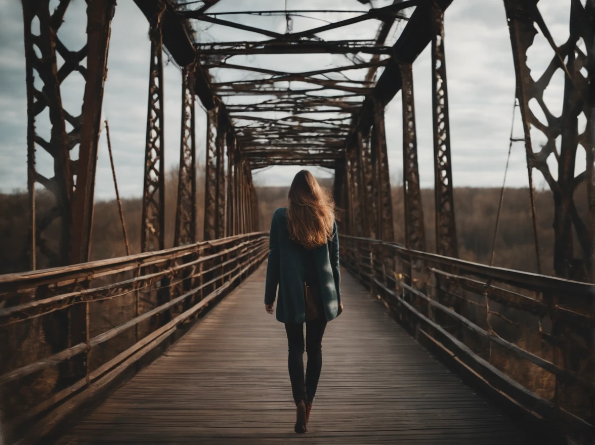 beautiful girl walking on old metal bridge old photo