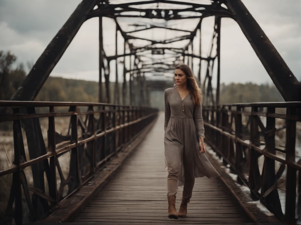 beautiful girl walking on old metal bridge old photo