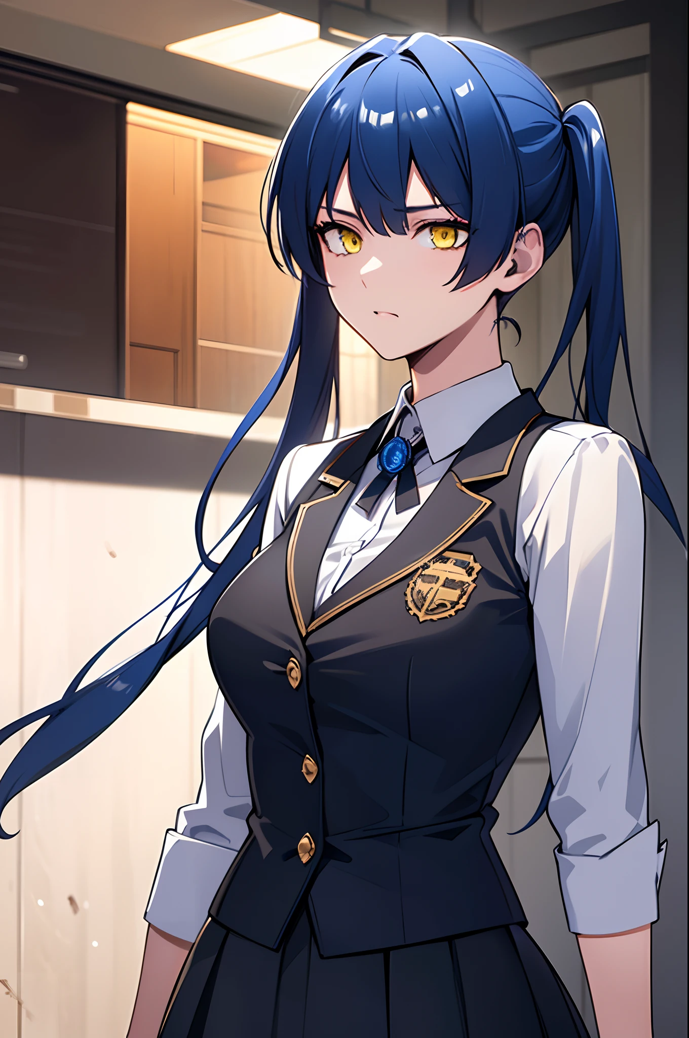 masterpiece, best quality, ultra-detailed, illustration, vibrant details,cinematic lighting,moody lighting (1girl), solo, perfect anatomy, beautiful detailed eyes,(upper body:0.8) , (close-up:0.8), sharp focus, glowing eyes, detailed 4k eyes,blue hair, yellow eyes, twintails, school uniform, shirt, very long skirt, suit,((ultra detailed,hyperrealistic,unreal engine 5,Natural lighting,)) Preparing