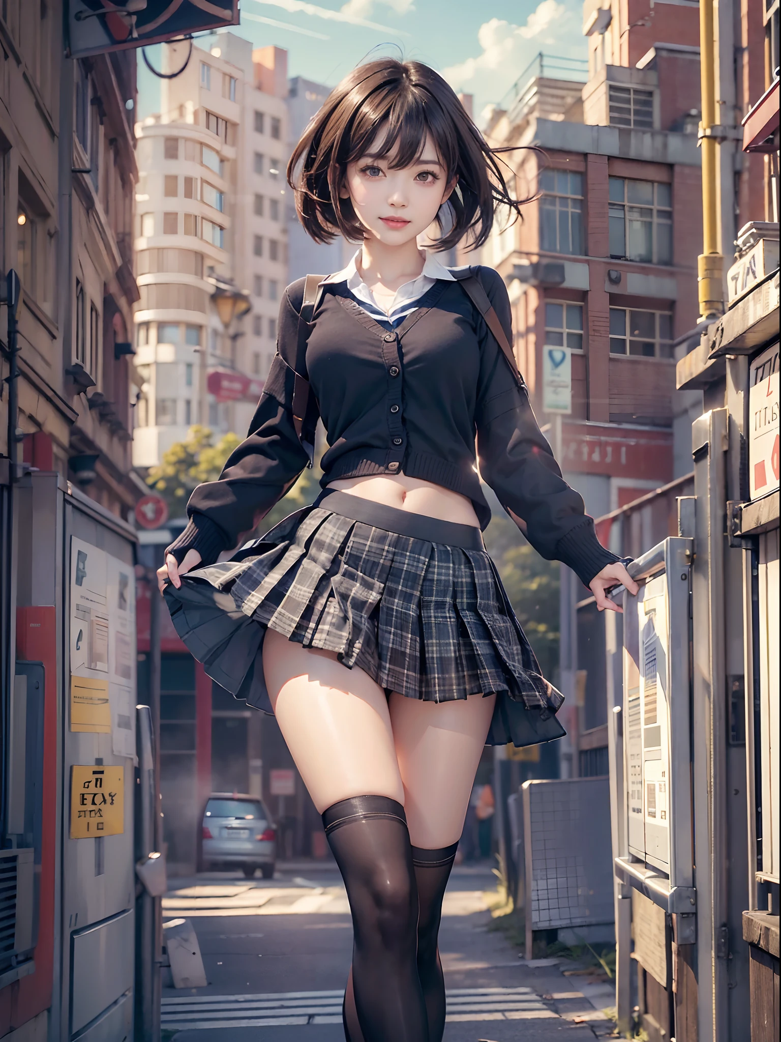 daytime, Sunnyday, (((2females))), (((skirt rift:1.3))), (((lift skirt myself))), ((panties focus)), ((shool uniform)), ((Cardigan)), ((a miniskirt)), Modern old cityscape,  (NSFW), 24 year old, 7headed body, (cute  face), (Ideal ratio body proportions), (Composition from head to thigh), Smiling smile, erectile nipple, Sexy body, Wet, short-hair, Dark hair, small tits, A slender, Small buttocks, beauty legs, Skinny Legs, surrealism, Cinematic lighting, depth of fields, One-person viewpoint, F/1.8, 135 mm, nffsw, masutepiece, ccurate, ((Anatomically correct)), Textured skin, Super Detail, high details, High quality, awardwinning, Best Quality, hight resolution, 8K