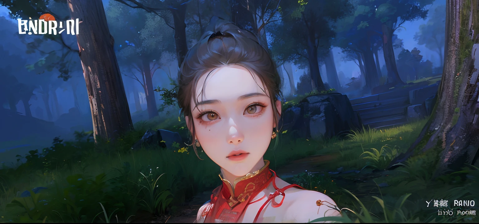 there is a woman in a red dress standing in a forest, inspired by Pu Hua, with very highly detailed face, inspired by Lan Ying, ingame image, loong, inspired by Huang Ji, inspired by Li Mei-shu, close up character, 8k highly detailed face, inspired by Li Tang, 8 k character details, character close up