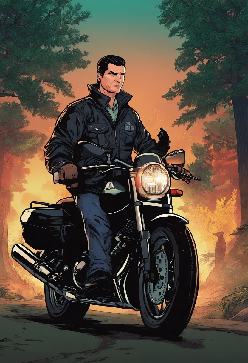 a 45-year-old police officer with black short hair and a distinctive black jacket. He's a seasoned investigator who doesn't let the pouring rain deter him from riding his trusty motorcycle down a winding forest road at night, chasing down mysteries that lurk in the darkness. With a flashlight in one hand and a determined look in his eye, Detective Steele is always ready to uncover the truth, no matter how hidden it may be.