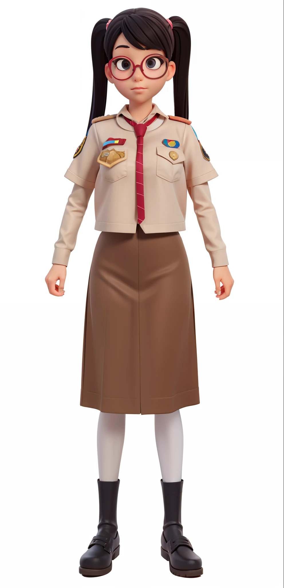 a cartoon girl in a scout uniform with glasses and a tie, girl wearing uniform, full - body portrait of a ranger, peggy hill, drawn image, full uniform, frontal pose, female lead character, full body illustration, seifuku, with shoulder pads, by Hugh Hughes, female full body, wearing headmistress uniform, girl standing, wearing a school uniform, female scout clothes, female scout, 3d render, 3d cartoon, ocatne render, twin tail, black hair,, glasses,