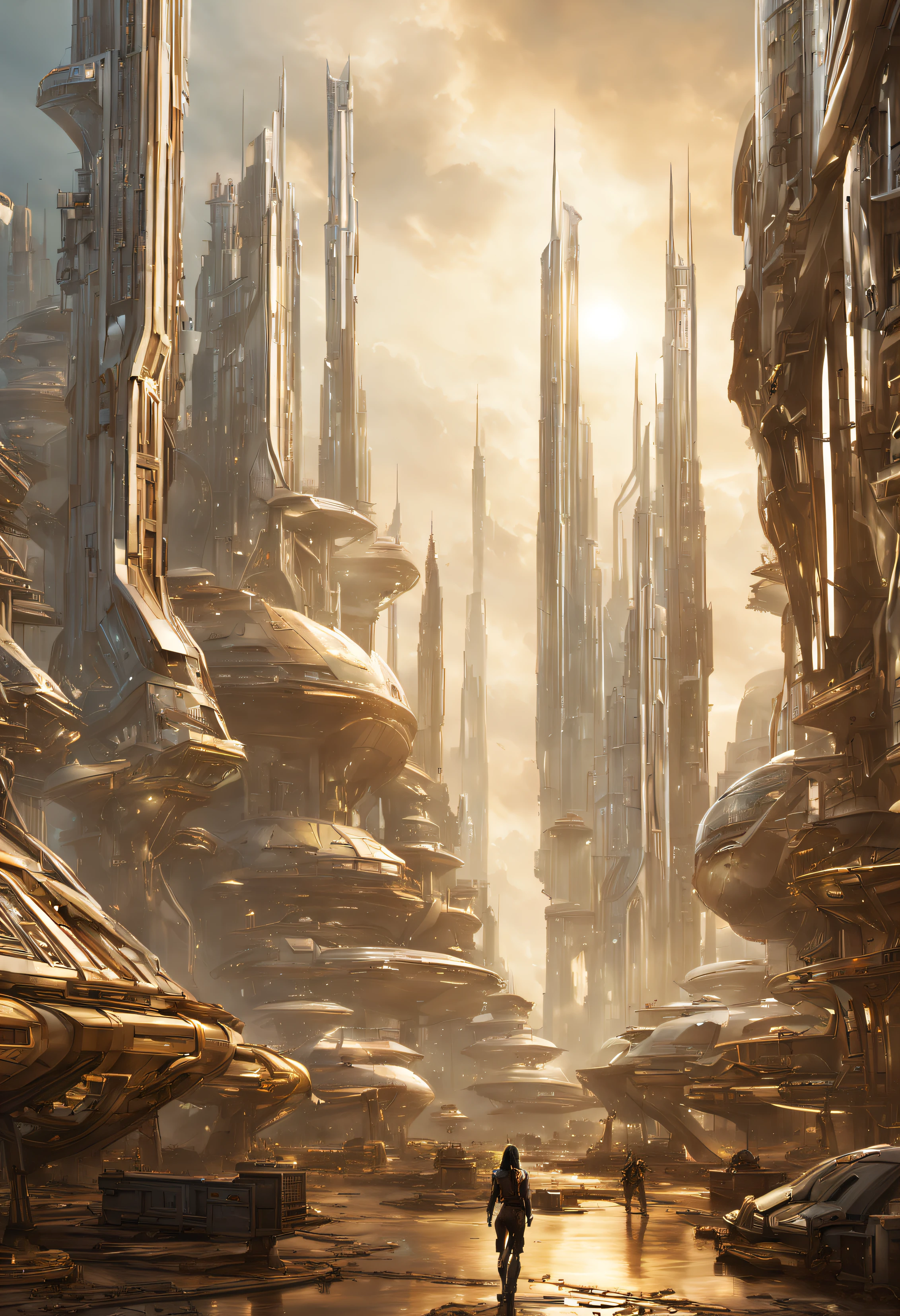 On an unknown planet there is a futuristic city with immense buildings of technological design, con estructuras acristaladas en plata, oro y bronce y maquinarias espectaculares en la que sobrevive un robot femenino espectacular.