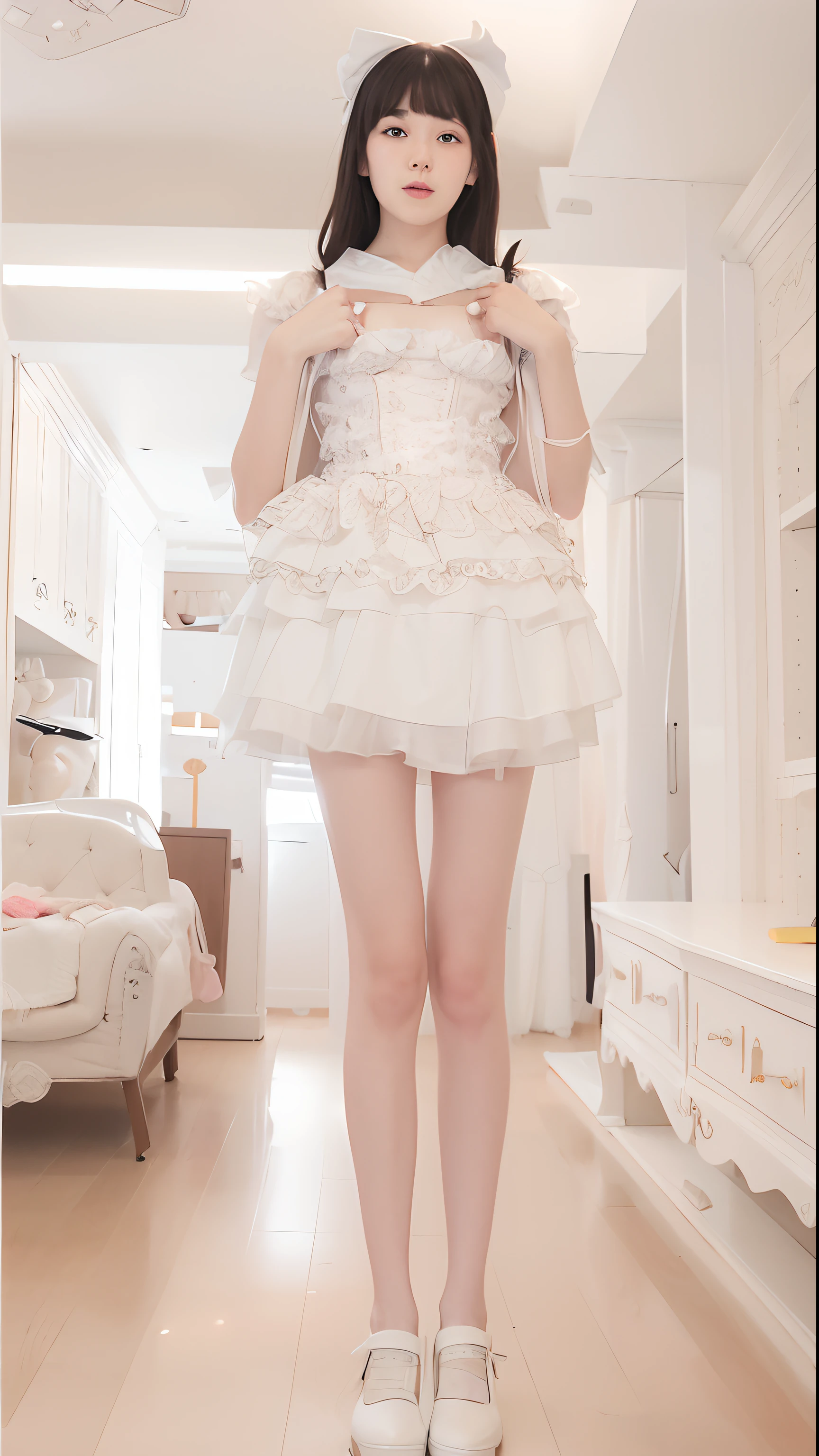 There was a woman in a short skirt and white shoes, loli in dress, full body cute young lady, frilly outfit, white puffy outfit, cosplay of a catboy! maid! dress, offcial dress, intriguing outfit, white straitjacket,Star cover, Maid outfit, thighhighs and skirt, High quality clothing, Full body picture, fantasyoutfit