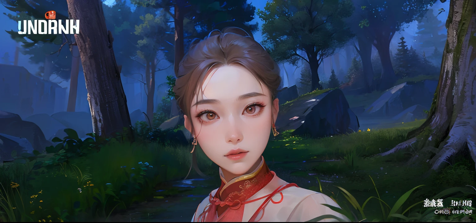 there is a woman in a red dress standing in a forest, inspired by Pu Hua, with very highly detailed face, inspired by Lan Ying, ingame image, loong, inspired by Huang Ji, inspired by Li Mei-shu, close up character, 8k highly detailed face, inspired by Li Tang, 8 k character details, character close up