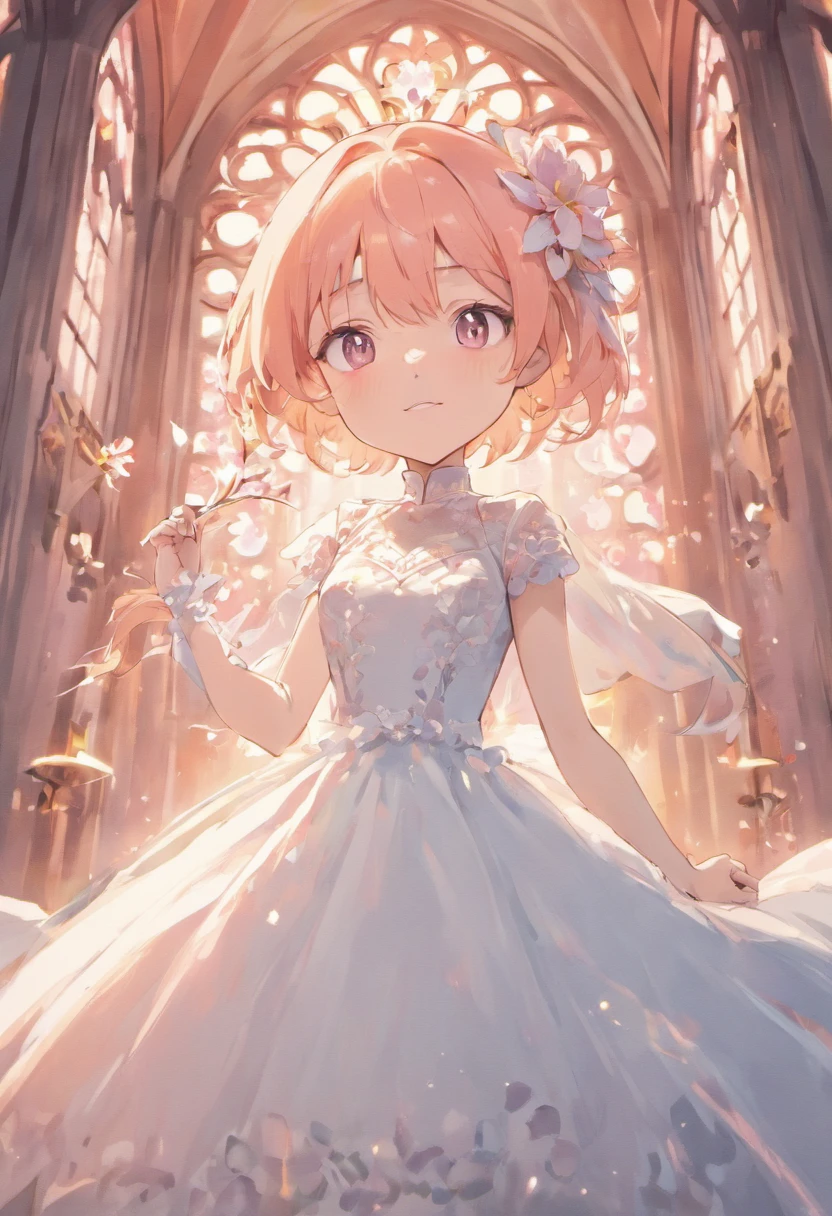 Sakura Haruno, ((Solo)), Alone, Bride, Wearing a white wedding dress, queen, cheerfulness, ((The forehead to display)), standing, Enter the church, Pink hair, Short hair, Delicate, Young, Short hair, Detailed face, High definition, ((full bodyesbian)), (Flowers around her), full bodyesbian, She is a beautiful woman to marry, face with high quality, Beautiful, Radiant