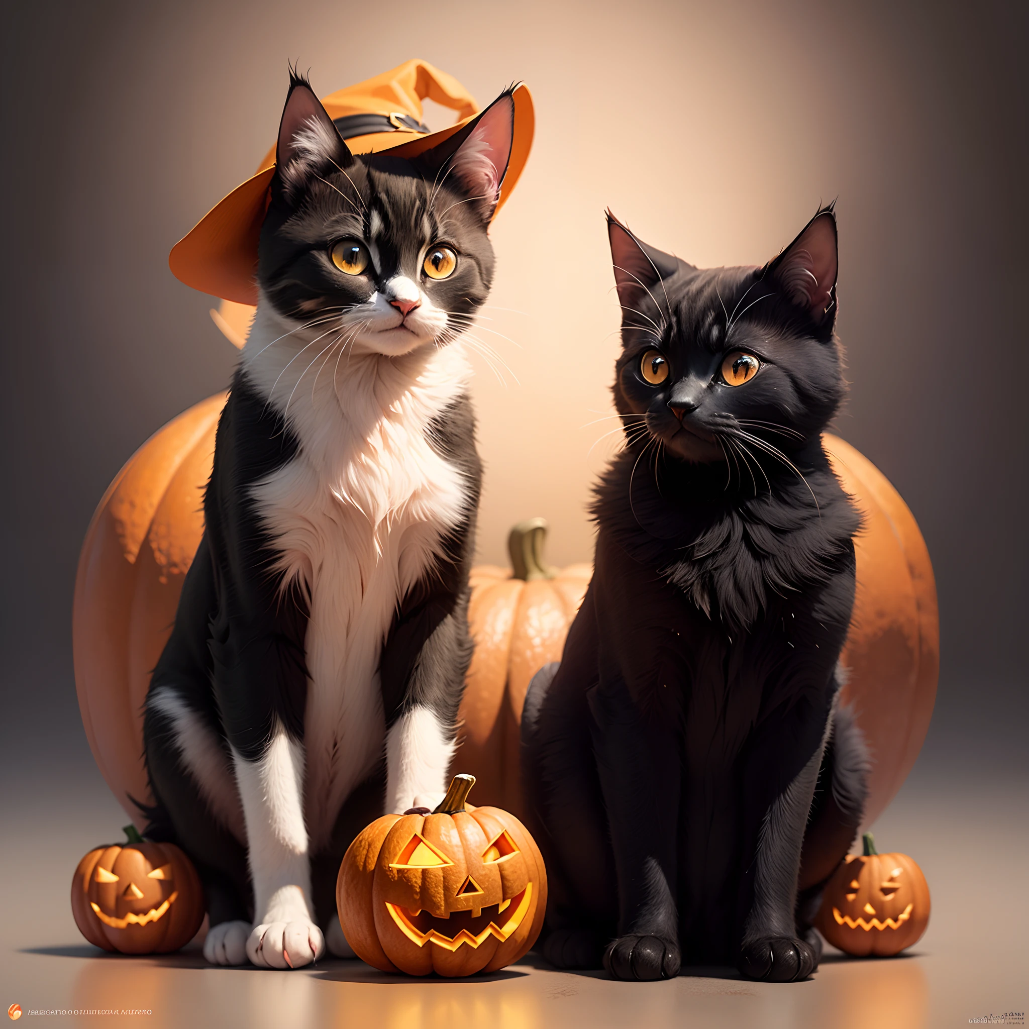 Detailed illustration of colorful cute black kitten with orange eyes, In the witch's hat, next to a cute pumpkin for Halloween, Hyper-realistic high quality, Graphic design, outline, A splash of fantasy curls , 3D vector graphics, cute and quirky, Fantasy, watercolor effect, Photorealistic rendering in cartoon style, isolated on white background
