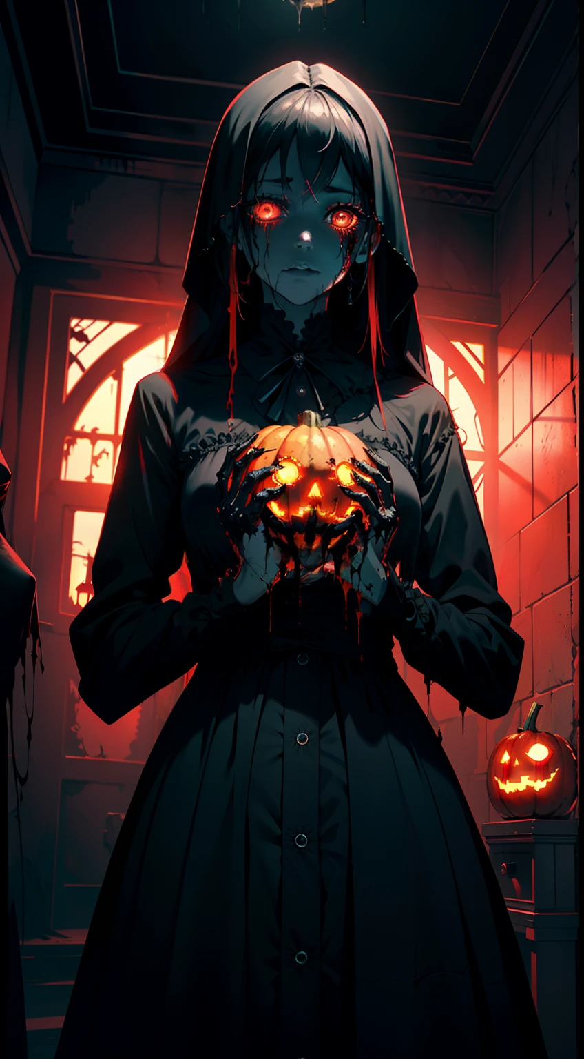 Enigmatic Brilliance 1 Mysterious Being, Magnum Opus, Top-tier Craftsmanship, Official Visual Art, Exceedingly Intricate CG Unity 8k Wallpaper, Hypnotic Gaze, Cursed Doll, Decayed Sanitarium, Sinister Veil of Shadows, Blood-Drenched Color Palette, Torn Clothing, ((Horror Thematic)), girl holding scary pumpkin