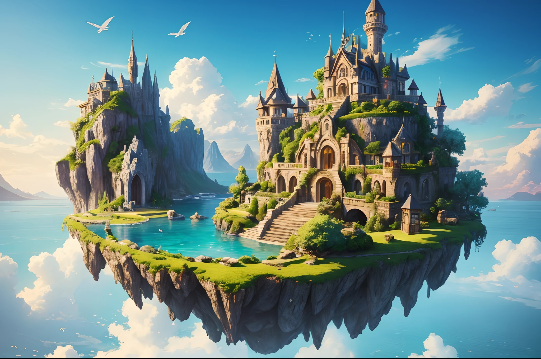 fantasy art, masterpiece, award winning, high quality, super detail, garden floating in the sky, it is flying island, blue sky, on a sunny day, in the morning, natural light