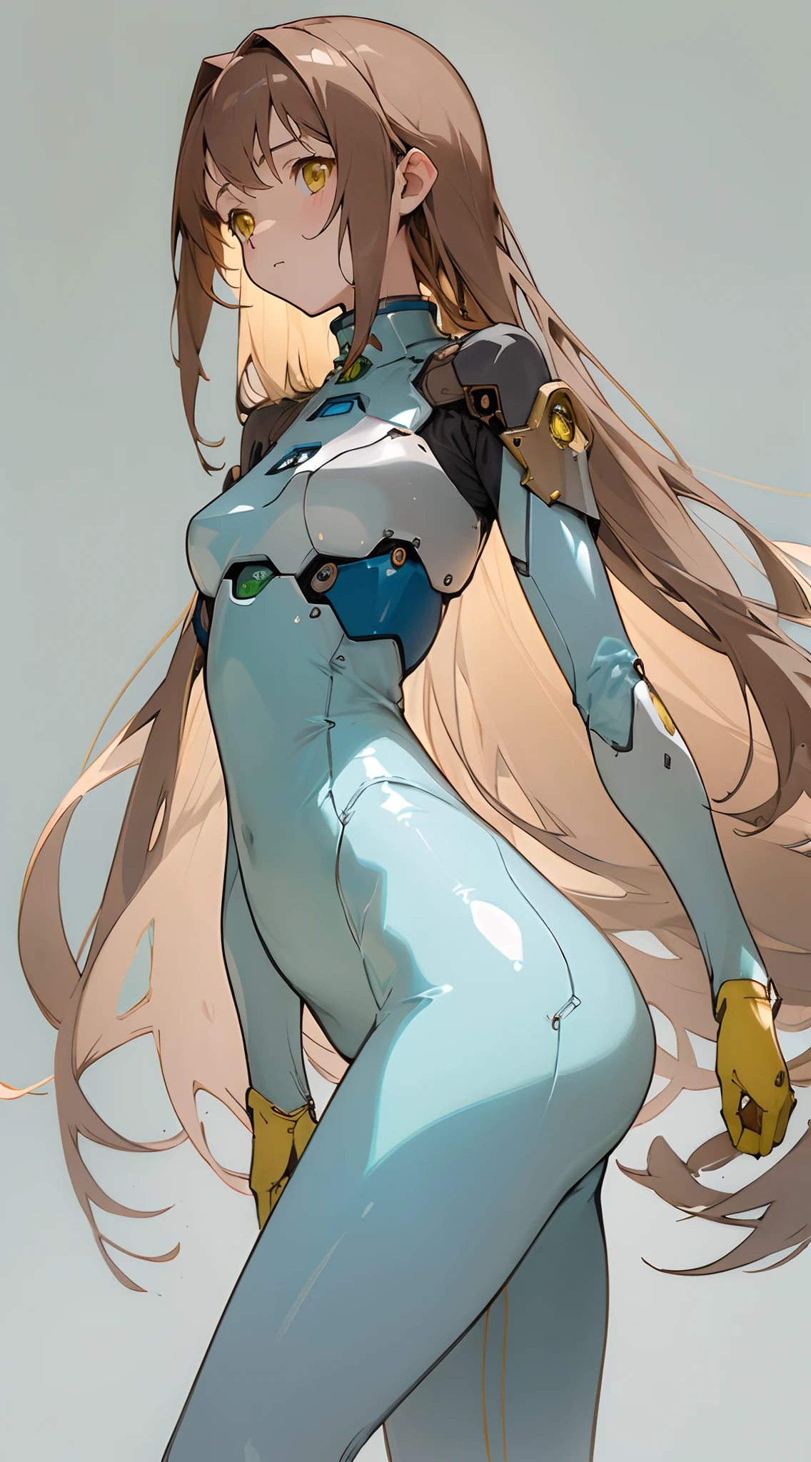 (masterpiece, best quality) detailed, 1Character , blue archive art style , pastel washed out colors , cell shade , soft, muted shades ,gentle colors ,
Wearing a mix of a futuristic body suit and sword art online outfit ,Beautiful woman , very long hair , dark brown hair , gold eyes , lean body , yellow under hair, expressive eyes, petite figure, age 26