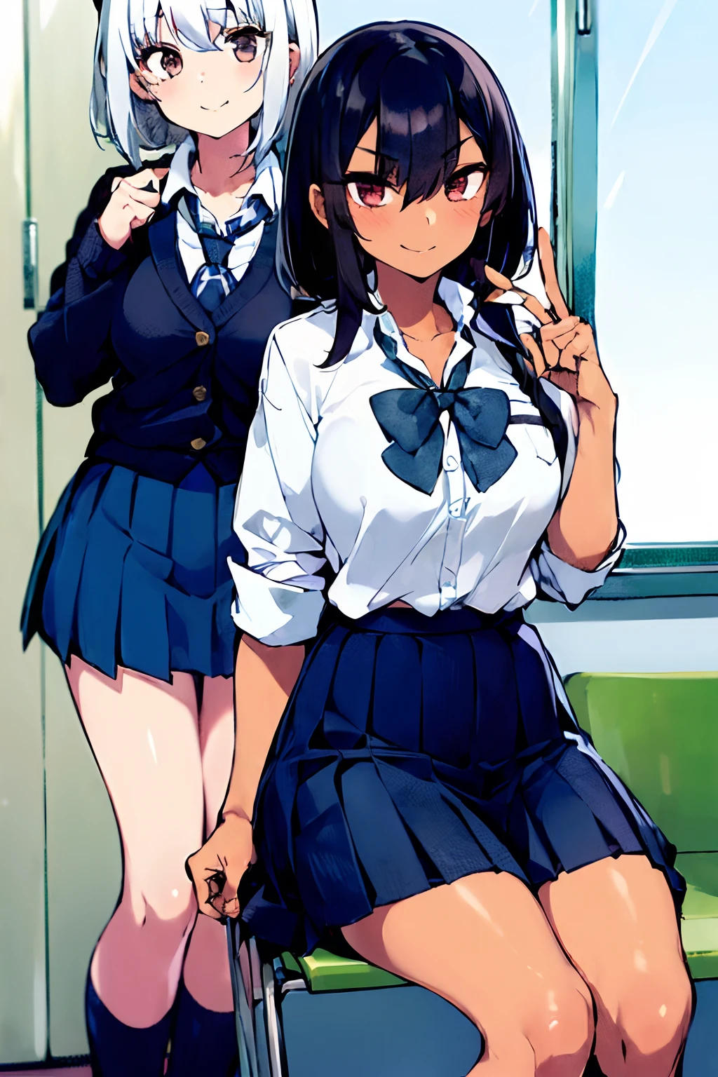 (best quality,high quality, masterpiece,2girl,li),school, day,
AND 2girls, school uniform, white hair, dark skin,long hair, embarrassed,
AND 2girls, school uniform, black hair, shiny skin, short hair, evil smile, mesgaki