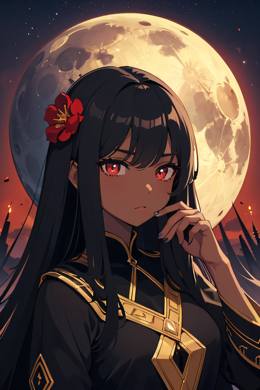 Masterpiece, Best Quality, Night, Full Moon, 1 Girl, Mature Female, Black Skin Tone, Sister, Royal Sister, Cold Expression, Face expressionless, Black Long Haired Female, Calm, Intellectual, Three Bands, Red Pupils, Assassin, Short Knife, Flower Ball Background, Hand Details, Finger Details, Facial Details, Eye Details,