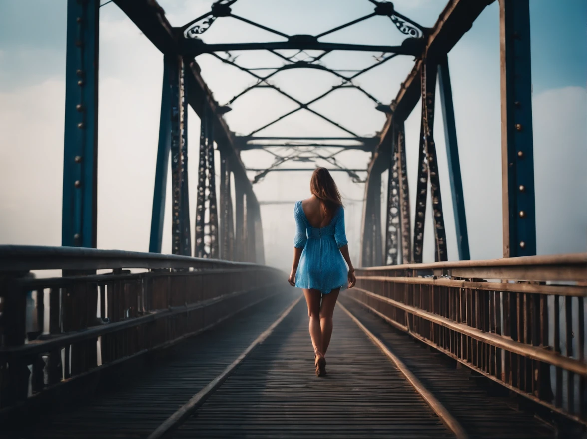 beautiful girl beautiful body beautiful face walking on old blue metal bridge old photo fog summer confidence confidence