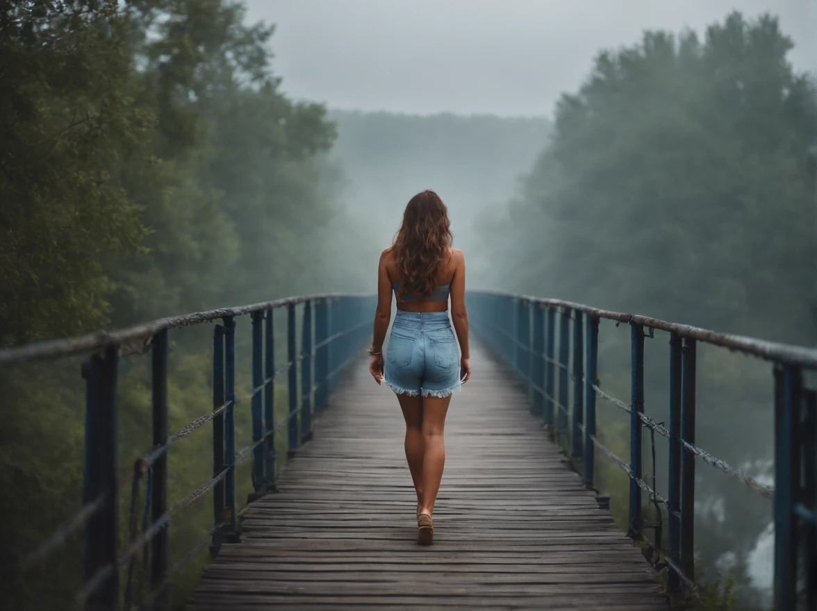 beautiful girl beautiful body beautiful face walking on old blue metal bridge old photo fog summer confidence confidence