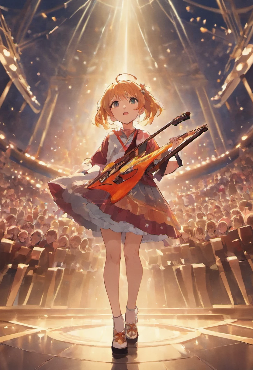 I am finally standing on this beautiful stage with the big stars，Then I took the guitar that accompanied me for many years，Walk towards the microphone，He narrowed his eyes，Start singing my original song dictionary，The brightest star in the night sky~As my singing slowly hummed，There was silence，All shocked，It's so beautiful。