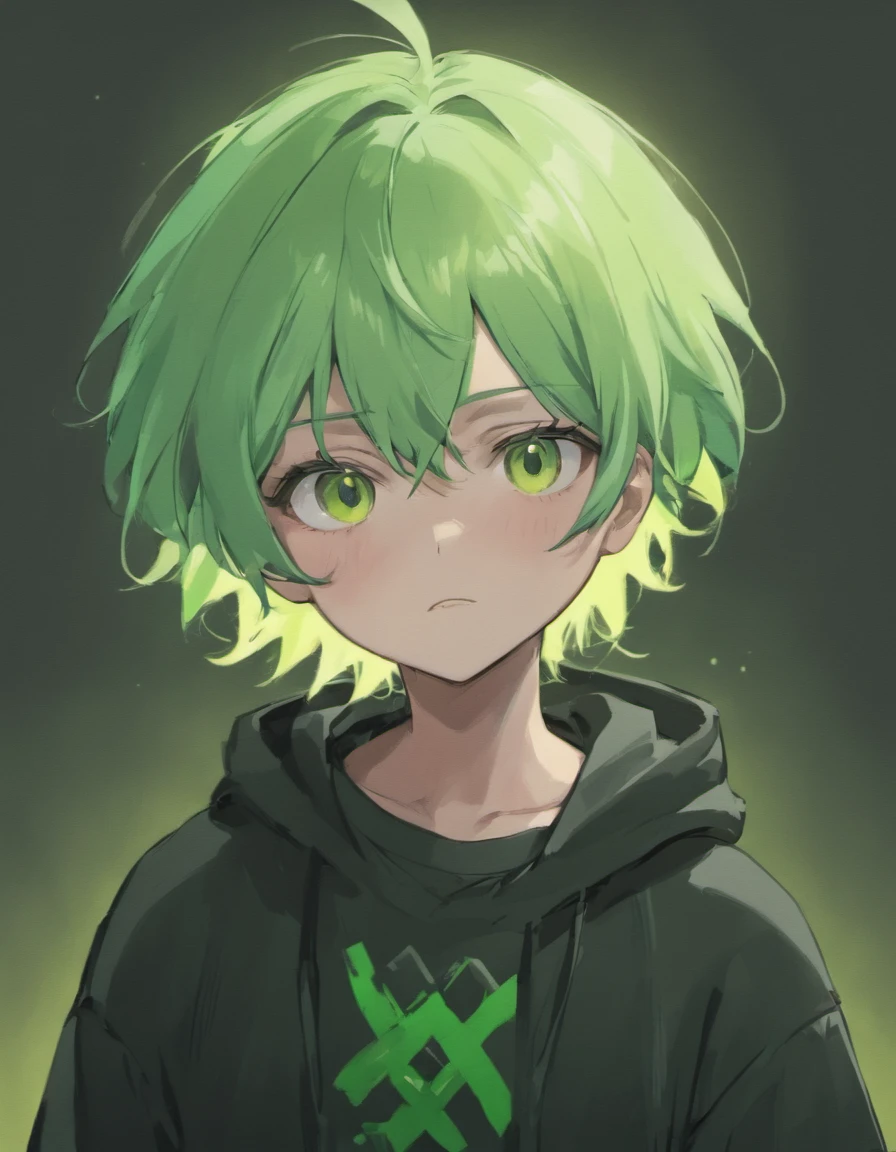 Guy Gray Light Green Hair, grim facial expression, In a black and white sweater