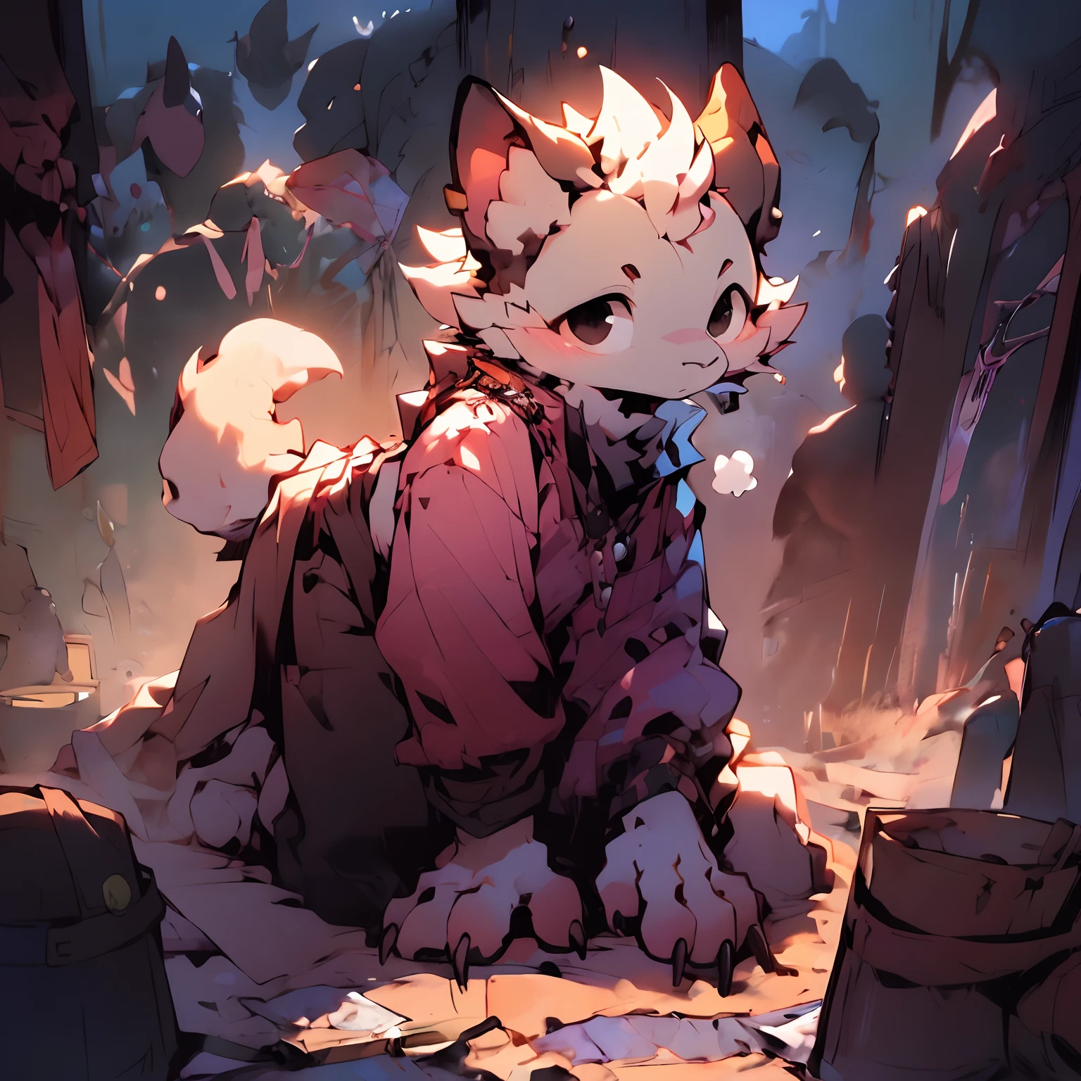 A boy mopping the floor,furry tail,Side Body,Black eyes,A breath of life
