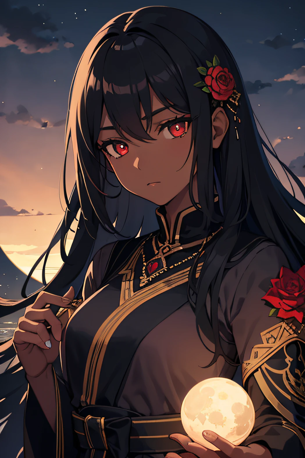Masterpiece, Best Quality, Night, Full Moon, 1 Girl, Mature Female, Black Skin Tone, Sister, Royal Sister, Cold Expression, Face expressionless, Black Long Haired Female, Calm, Intellectual, Three Bands, Red Pupils, Assassin, Short Knife, Flower Ball Background, Hand Details, Finger Details, Facial Details, Eye Details,