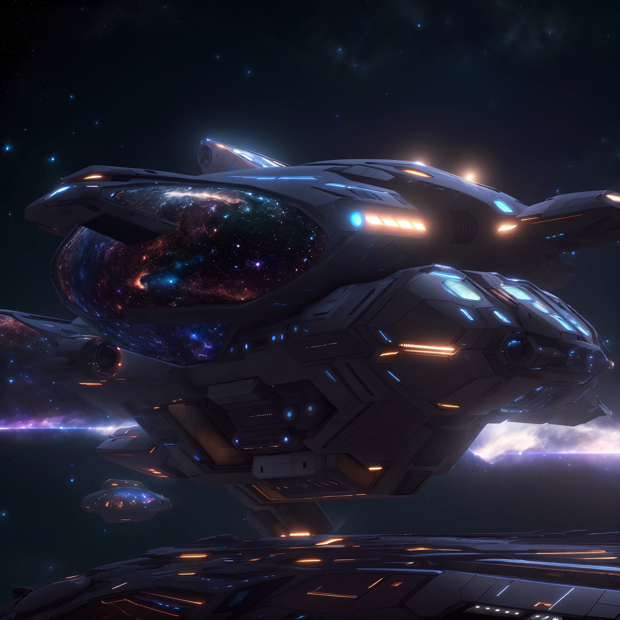 A huge spaceship,full bodyesbian,Solo,Spaceships in the Avengers,seen from outside,(multiple lighting sources:1.5),Detailed hull details,Cosmic galaxy background,Escaped spaceship,((Best quality)), ((Masterpiece)), (Epic composition:1.2), (unreal 5 render:1.1)
