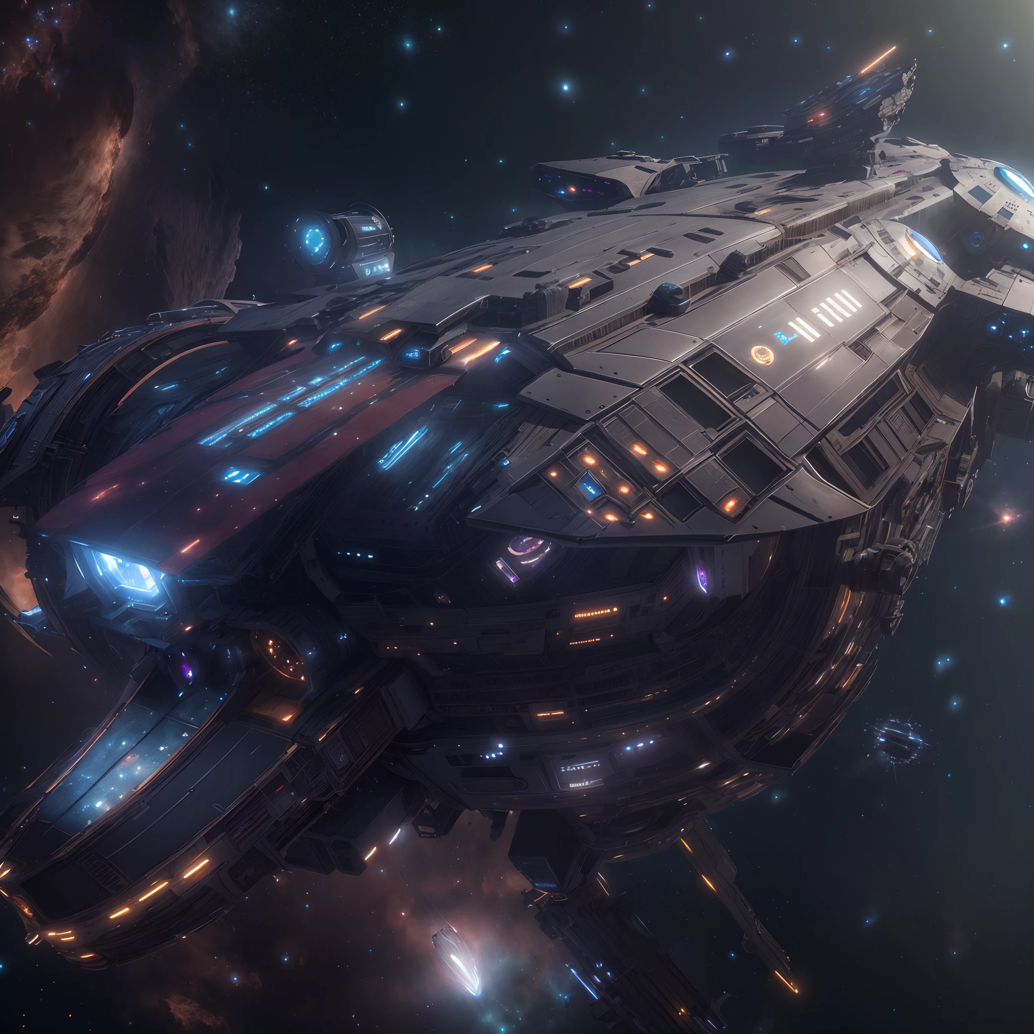 A huge spaceship,full bodyesbian，Solo，Spaceships in the Avengers，seen from outside，(multiple lighting sources:1.5),Detailed hull details,Cosmic galaxy background,Escaped spaceship,((Best quality)), ((Masterpiece)), (Epic composition:1.2), (unreal 5 render:1.1)