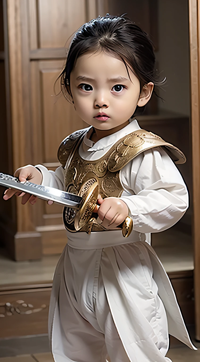 Masterpiece, Best quality, Photorealistic ,1 , 5 months ogsword, Wearing white costumes