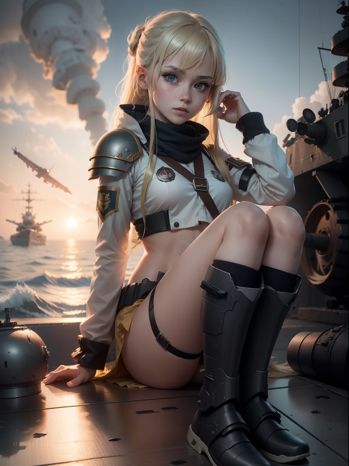 Destroyed aircraft carrier,ukrainian girl , Ukrainian anime girls , , Ukraine ,  Full body composition of young girl with messy bright blonde hair, eye make up, 13 year old,  Soft lighting, Solo,, badges, Pose, Blotch color, Octane Render, Hyperrealistic intricate detail, Cinematic, 8K resolution, 70mm, Accent Lighting, Global Illumination, Full body portrait, clean detailed faces, poneyTail,Cute face,, Slim legs,Combat Armor,long court,Battleship Deck,