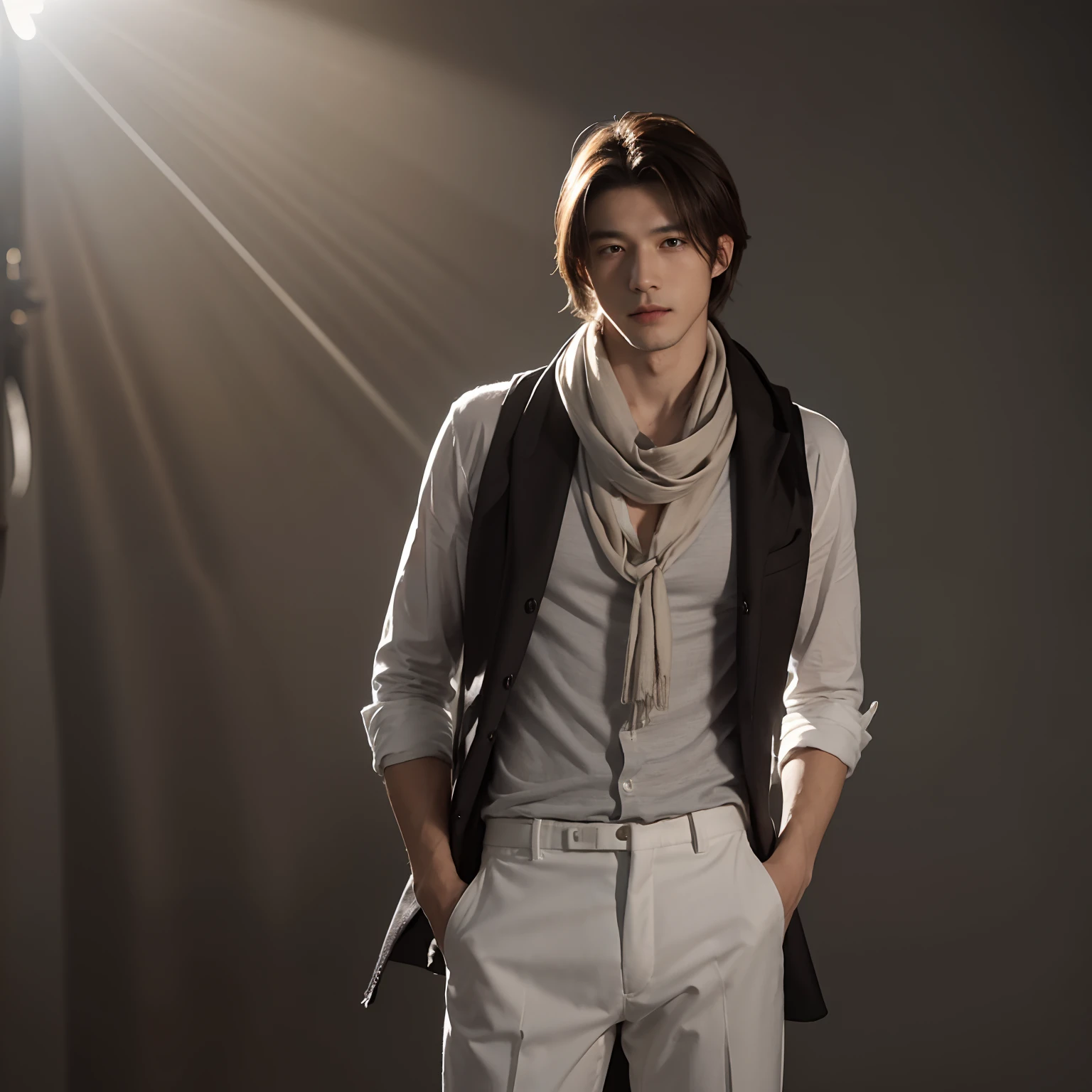((Best Quality, 8K, masutepiece :1.3)), Sharp Focus :1.2, Cool man with perfect figure :1.4, Slender Abs :1.2, ((dark brown hair,breasts :1.2)), (White Long Formal Shirt)(Shirt button closure.), greybackground:1.2, Highly detailed face and skin texture, Detailed eyes, 二重まぶた,Fashion Model Posing,Cowboy Shot,White pants,The tree々Sunlight passing between,(wearing a gray scarf around his neck.)