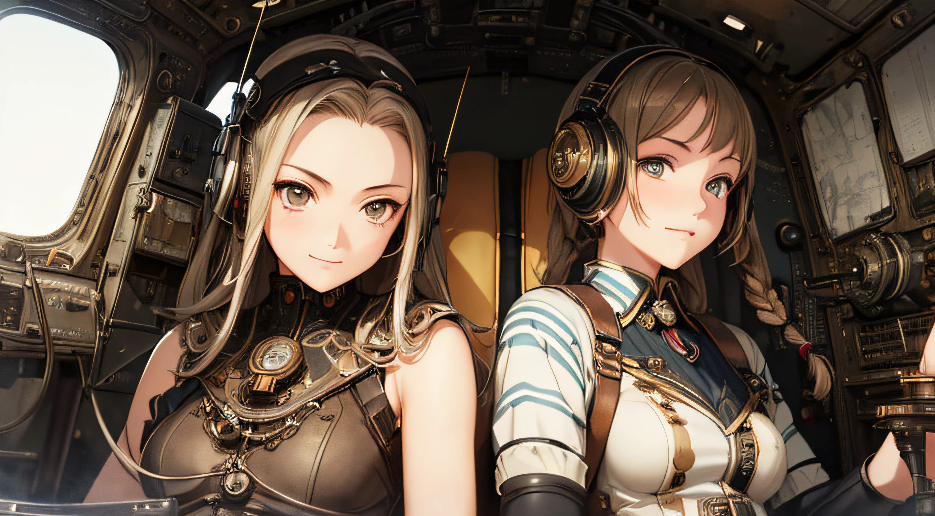 steampunk, two women, sitting in cockpit of world war 2 era fighter airplane, (((Masterpiece))), ((((Best quality)))), (((Ultra-detailed))), (CG illustration), ((Extremely delicate and beautiful)),(Cute and delicate face),Cinematic light,smiling, (Character focus), braided hair with rainbow highlights, (geometric:1.2), decorative headphone, range murata, last exile anime style, mechanical halo,