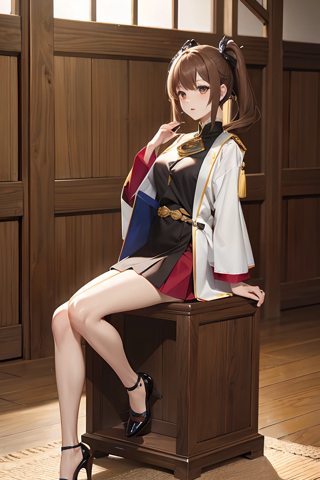 masterpiece、top-quality、High-quality images、hight resolution、8K、1womanl、独奏、portlate、detaileds、skin gloss、Lustrous hair、Long body、sensually、full body Esbian、light brown shorthair、poneyTail、a miniskirt、Angle from the side、the emperor、octave、novel