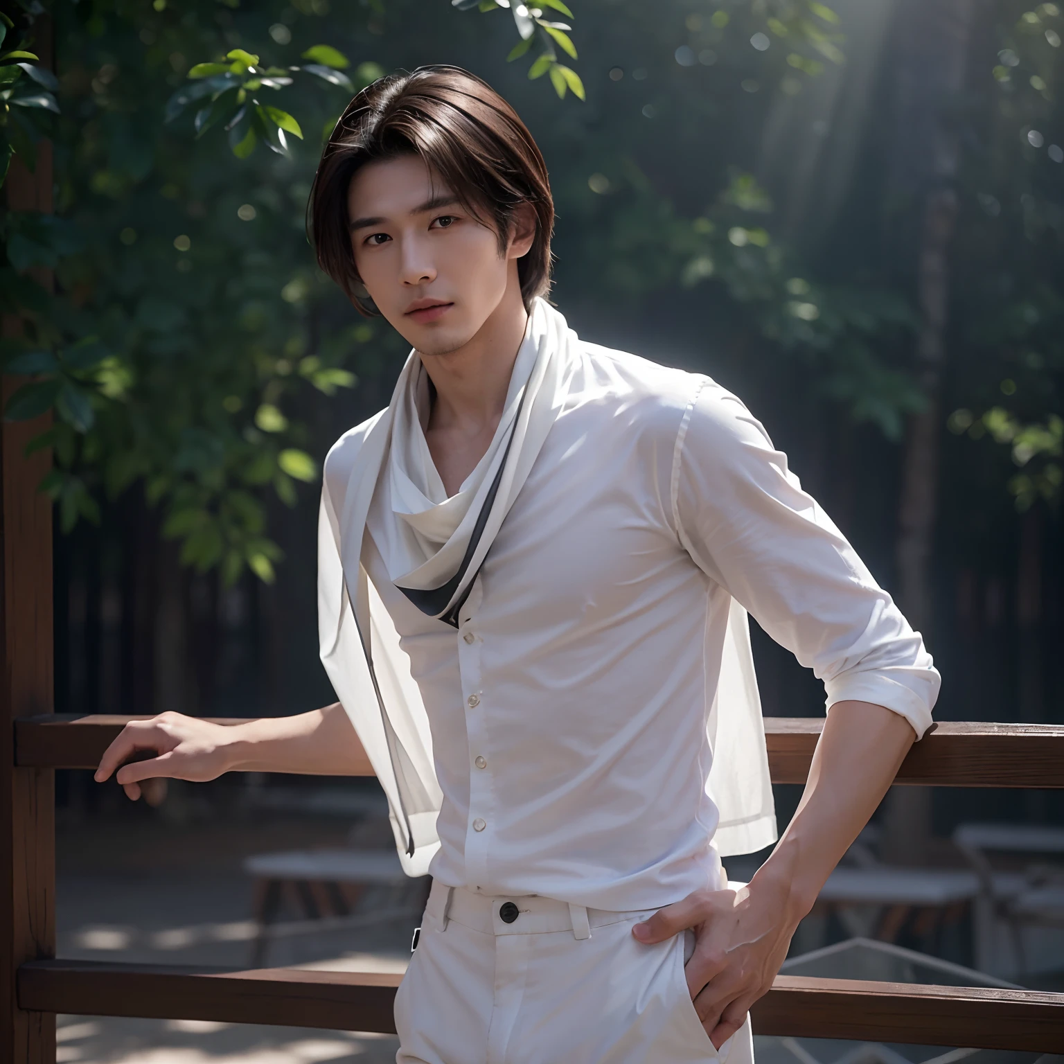 ((Best Quality, 8K, masutepiece :1.3)), Sharp Focus :1.2, Cool man with perfect figure :1.4, Slender Abs :1.2, ((dark brown hair,breasts :1.2)), (White Long Formal Shirt)(Shirt button closure.), greybackground:1.2, Highly detailed face and skin texture, Detailed eyes, 二重まぶた,Fashion Model Posing,Cowboy Shot,White pants,The tree々Sunlight passing between,(wearing a gray scarf around his neck.)