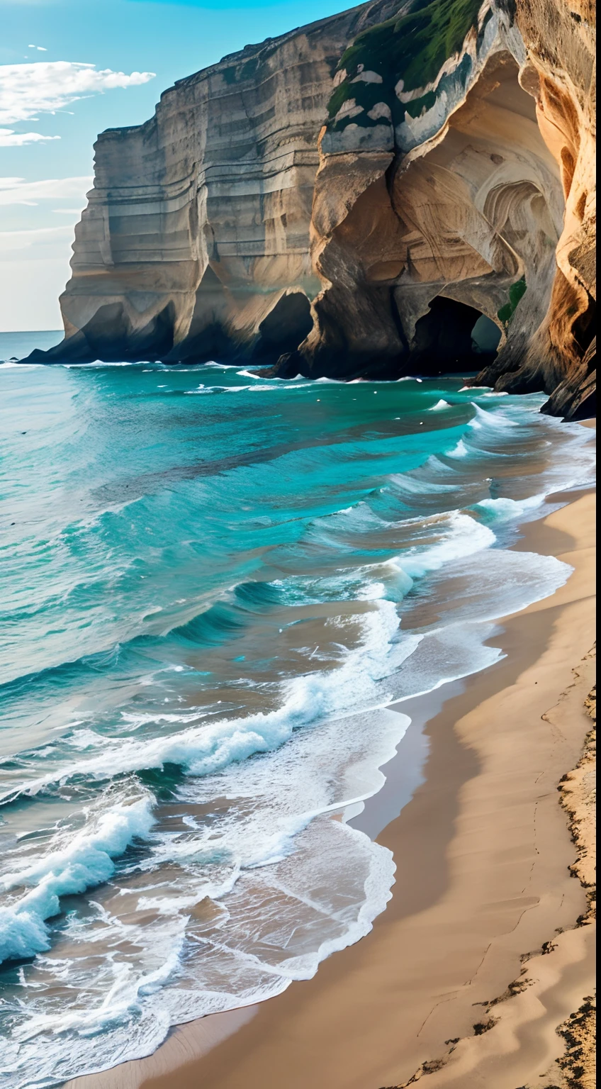 Sandy sea shore, The sea is turquoise, Near the cliffs