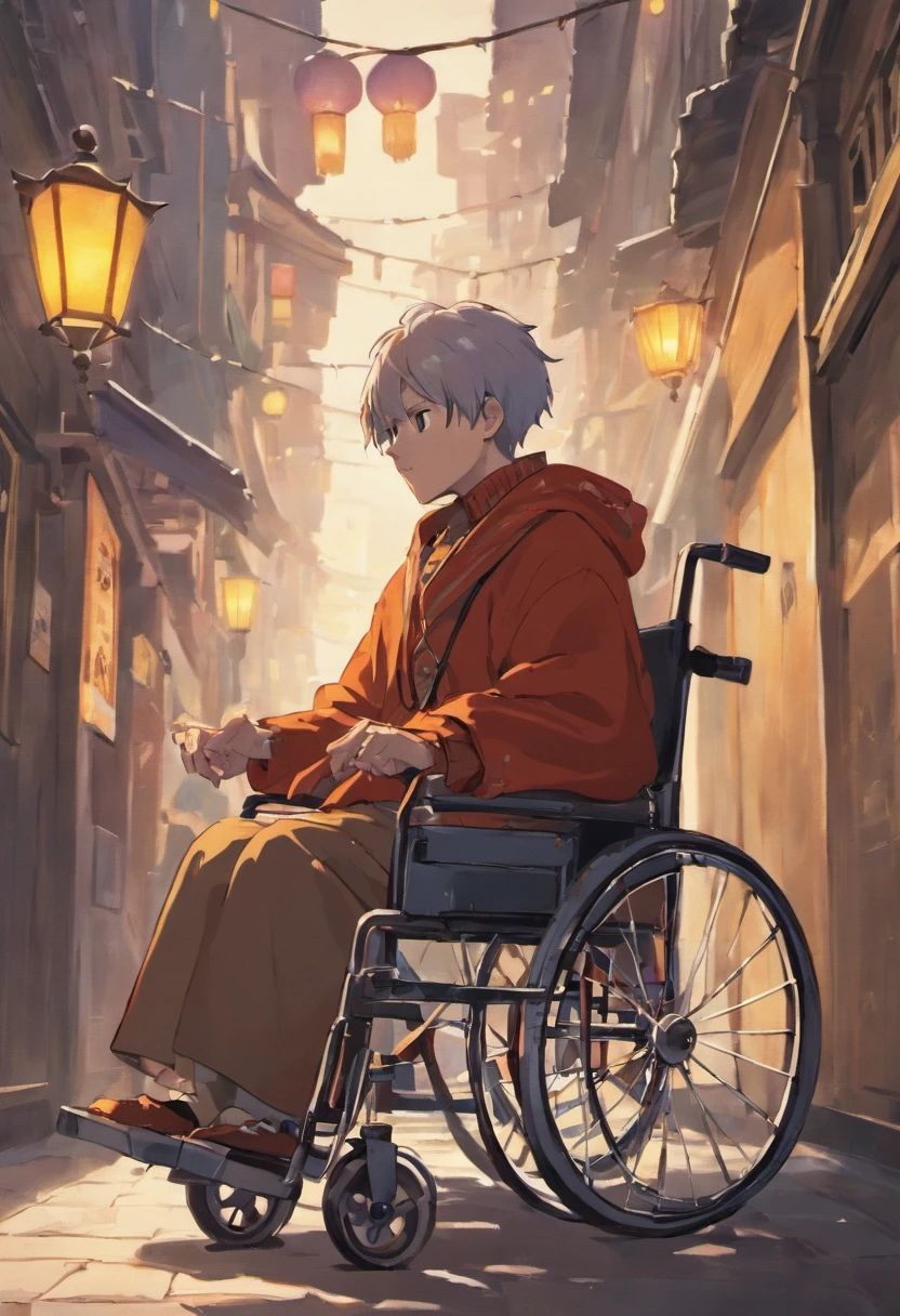 真实感,Felt,Premium gray,An elderly man is in a wheelchair,Ditan Park, Beijing,Realistic painting style,of a real,Simple colors