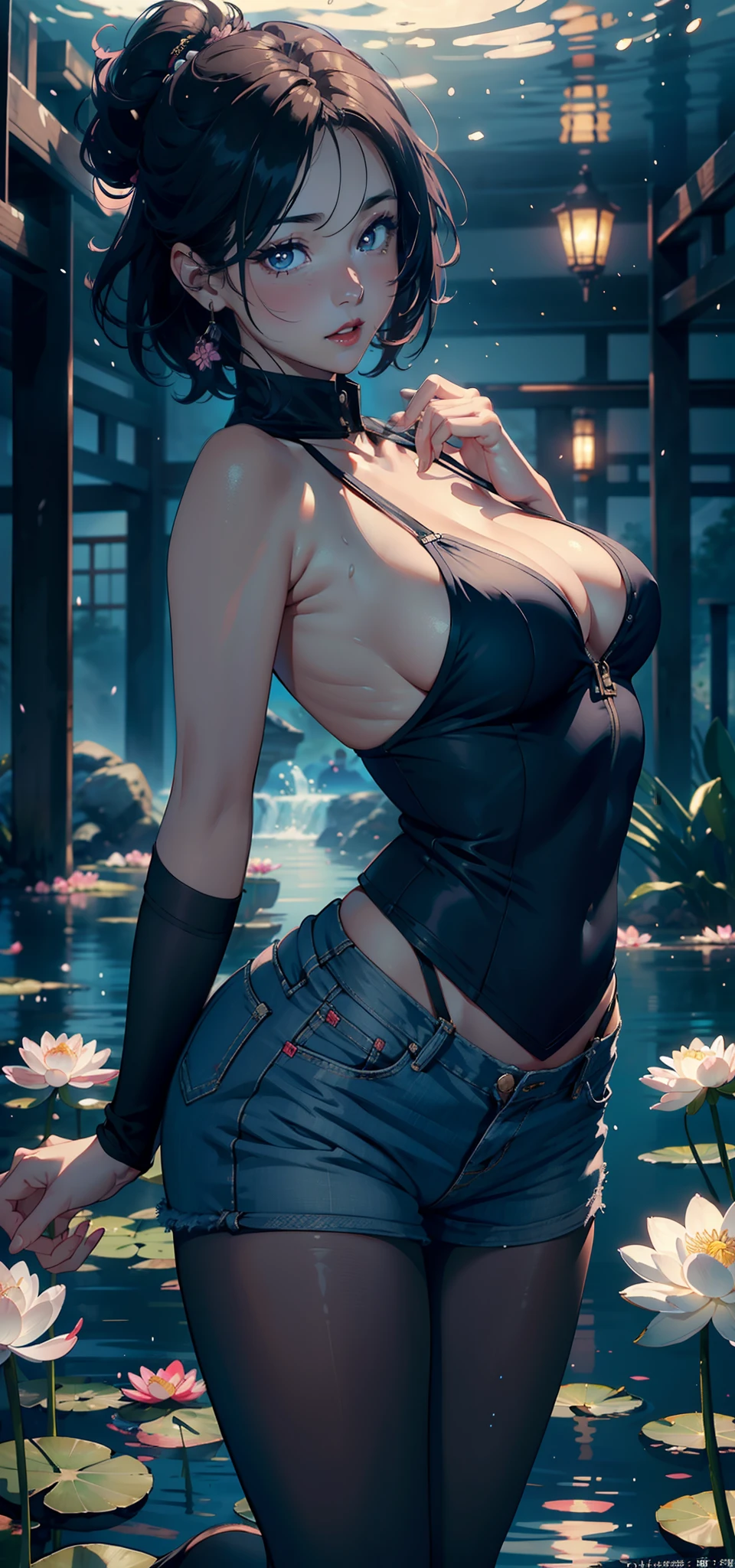 1female,45 yers old,Married Woman,熟妇,plumw,extremely large bosom, 独奏,(Background with:ponds,Cherry blossom forest,lotus flower)Lie underwater, She has short pink hair,seen from the front,, mostly cloudy sky,(((tmasterpiece),(Very detailed CG unity 8K wallpaper),best qualtiy,cinmatic lighting,detailed back ground,beatiful detailed eyes,Bright pupils,Black eyes,Snow-whiteskin,Redlip(Very fine and beautiful),(Beautiful and detailed eye description),ultra - detailed,tmasterpiece,))facing at camera,A high resolution,ultra - detailed),revealing breasts,Bare genitalia, Bulge,legs are open,Raised sexy,Camel toes,Desire for dissatisfaction,frontage,(Wearing:Blue denim vest,Open vest,Black tights,)
