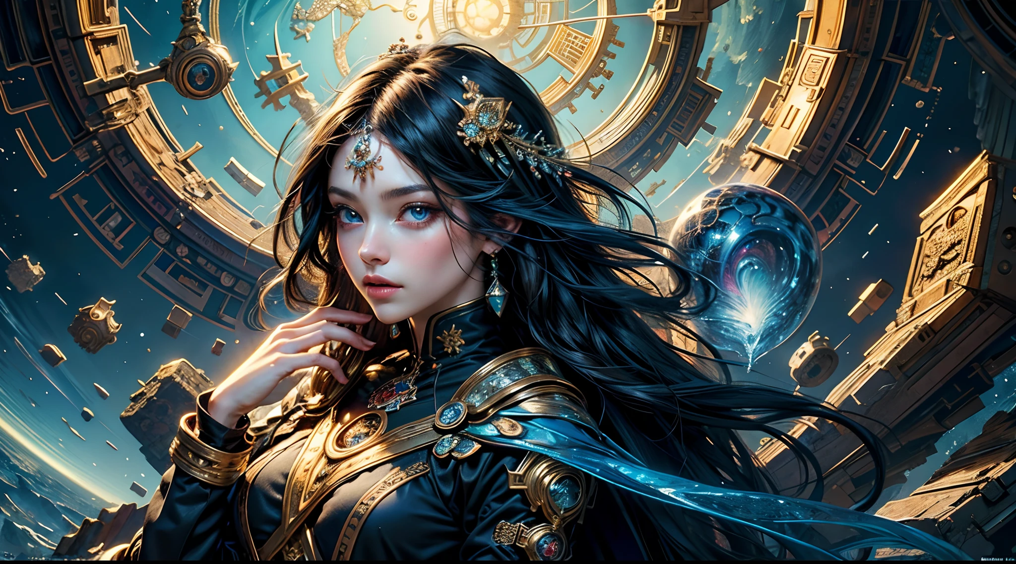 (masterpiece, top quality, best quality, official art, beautiful and aesthetic:1.2), (1girl), extreme detailed,(fractal art:1.3),colorful,highest detailed, black hair, blue eyes, fair skin, wizard
