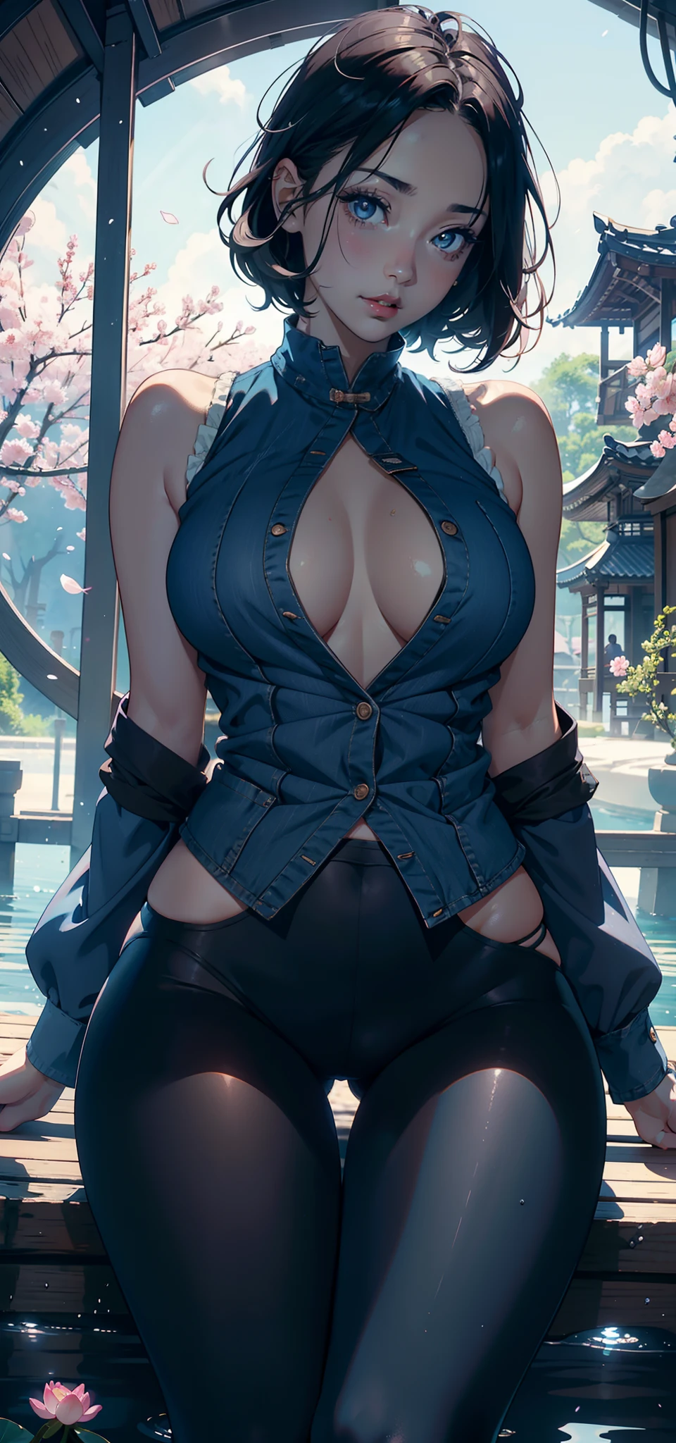 1female,45 yers old,Married Woman,熟妇,plumw,extremely large bosom, 独奏,(Background with:ponds,Cherry blossom forest,lotus flower)Lie underwater, She has short pink hair,seen from the front,, mostly cloudy sky,(((tmasterpiece),(Very detailed CG unity 8K wallpaper),best qualtiy,cinmatic lighting,detailed back ground,beatiful detailed eyes,Bright pupils,Black eyes,Snow-whiteskin,Redlip(Very fine and beautiful),(Beautiful and detailed eye description),ultra - detailed,tmasterpiece,))facing at camera,A high resolution,ultra - detailed),revealing breasts,Bare genitalia, Bulge,legs are open,Raised sexy,Camel toes,Desire for dissatisfaction,frontage,(Wearing:Blue denim vest,Open vest,Black tights,)