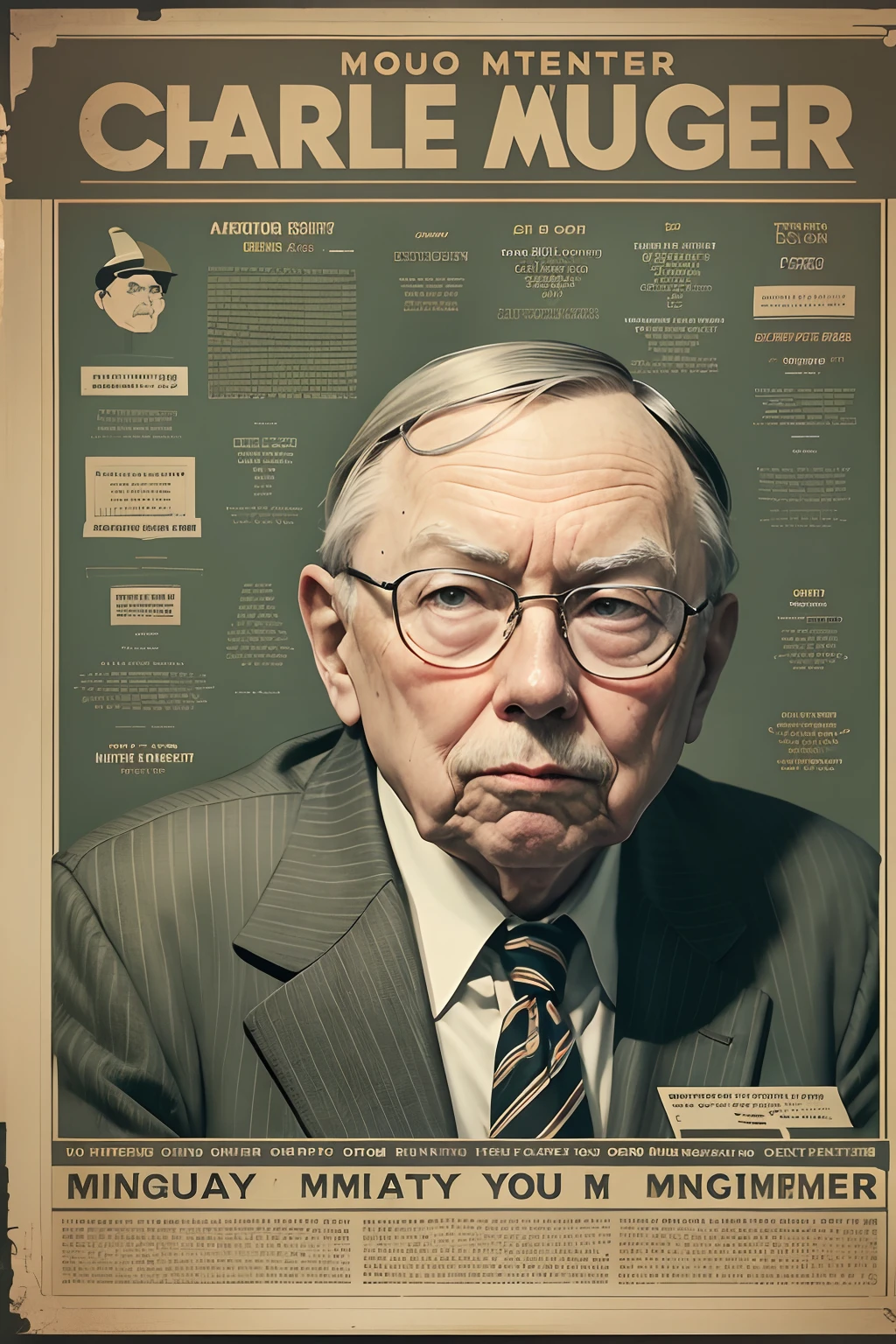 Charlie Munger's speech poster, Charlie Munger sat solemnly, Medium shot, Pop art, Vintage, symetry