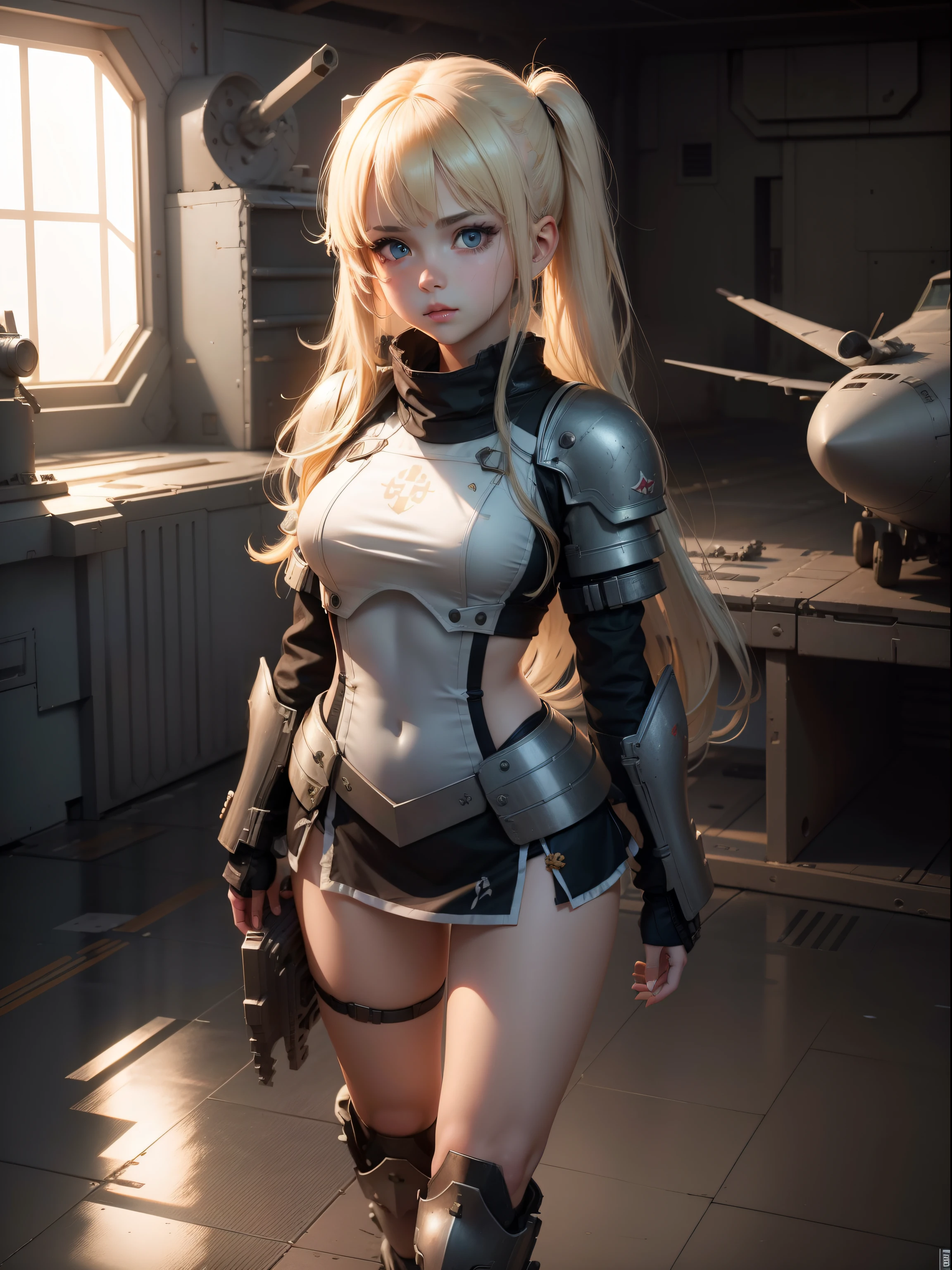 Destroyed aircraft carrier,ukrainian girl , Ukrainian anime girls , , Ukraine ,  Full body composition of young girl with messy bright blonde hair, eye make up, ,  Soft lighting, Solo,, badges, Pose, Blotch color, Octane Render, Hyperrealistic intricate detail, Cinematic, 8K resolution, 70mm, Accent Lighting, Global Illumination, Full body portrait, clean detailed faces, poneyTail,Cute face,, Slim legs,Combat Armor,long court,Battleship Deck,