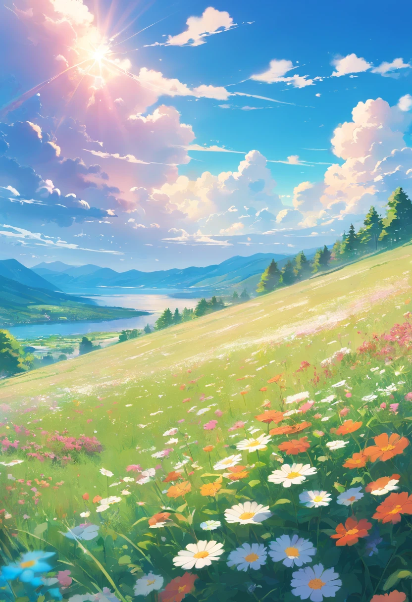 Summer, meadows, a few small flowers, clear lakes, sheep, heaven, large clouds, blue sky, hot weather, HD detail, hyper-detail, cinematic, surrealism, soft light, deep field focus bokeh, distant vistas are snowy mountains, ray tracing, and surrealism. --v6