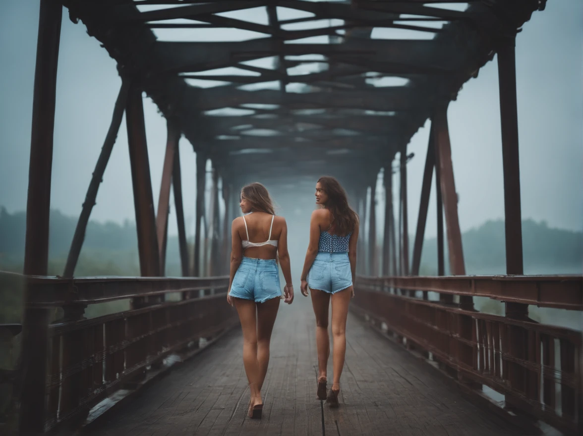beautiful girl beautiful body beautiful face walking on old blue metal bridge old photo fog summer confidence confidence