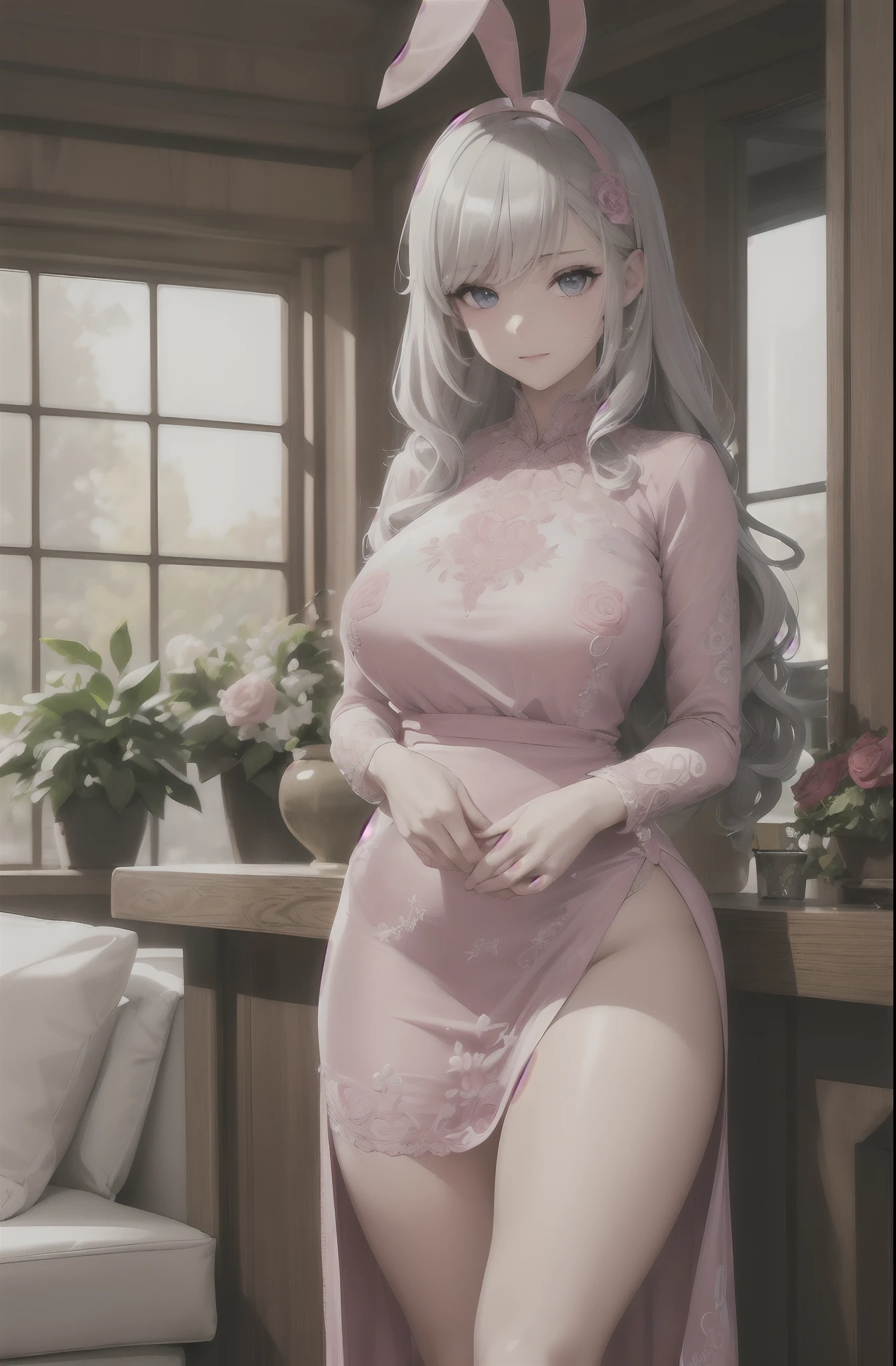 (masterpiece:1.3), high resolution, ultra detailed, extremely detailed CG unity 8k, highly detailed beautiful face and eyes, perfect anime style ilustration, pale skin, glistening skin, detailed cloth texture, extremely detailed clothing, detailed hair texture, Perfect shadow, Perfect body, Beautiful Face, accurate, Anatomically correct, Highly detailed face and skin texture, natural neck length, (beautiful hands), (fair skin:1.2), thick thighs, Thin feet,
BREAK,
(1 girl, one girl), (girl with beautiful eyes and face), (very long thick multi-layered and wavy silver hair), (beautiful clavicle), (natural bunny ears), (roses on hair), (Glossy lips:1.4), (shy expression), (light pink eyes), (long eyelashes), (sharp black eyeliner), (thick), (hourglass figure), (large and firm breasts), (long white and pink embroided dress:1.5), (embroides stockings), (stockings strangle), (long boots), wavy clothes,
BREAK,
(pastel tones ilustration), ((Focus on thighs:1.2)), (cowboy shot), (dynamic pose),
BREAK,
(indoors), (living room), (floral decorations), (embroided white sofa), (detailed background with a starry sky),(((Very dim lighting))), (extremely detailed background:1.5), exquisite details