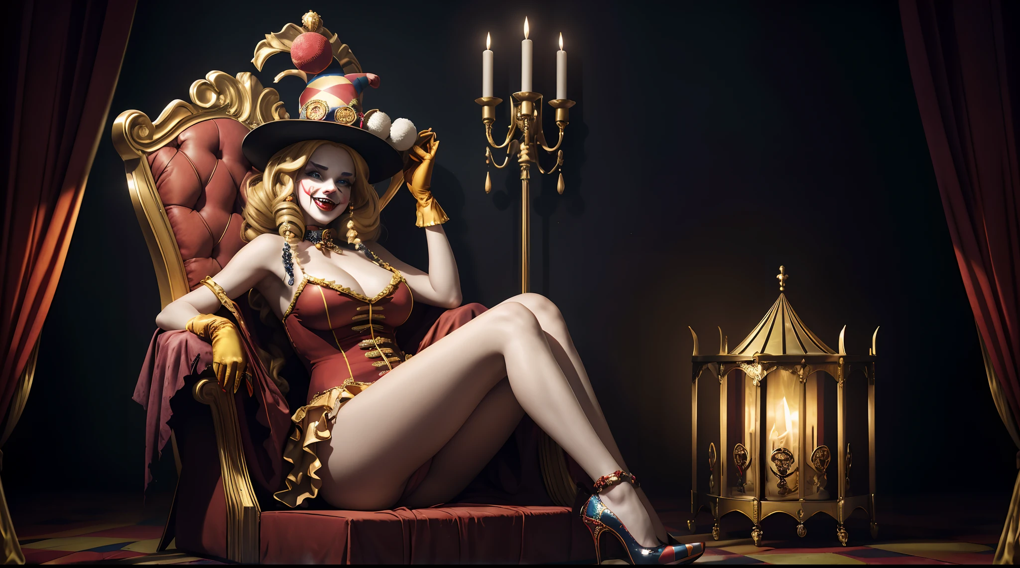 Crazy Clown Queen, sitting on a golden throne, Wear a clown hat, Wear clown costumes, mitts, vivd colour, Laughing, Deep blonde hair, Cute breasts, Horror , (did not wear panties),Wavy hair, Bun, and high heels. Blood, Circus props, spooky ambiance, haunted background. Surrealist style, Sharp contrast, ominous lighting, high-density imaging review, Ultra-high definition, Studio lighting, Like a painting, ultra-fine painted, Sharp focus, physically-based renderingt, Extreme detail description, professional (Horror )