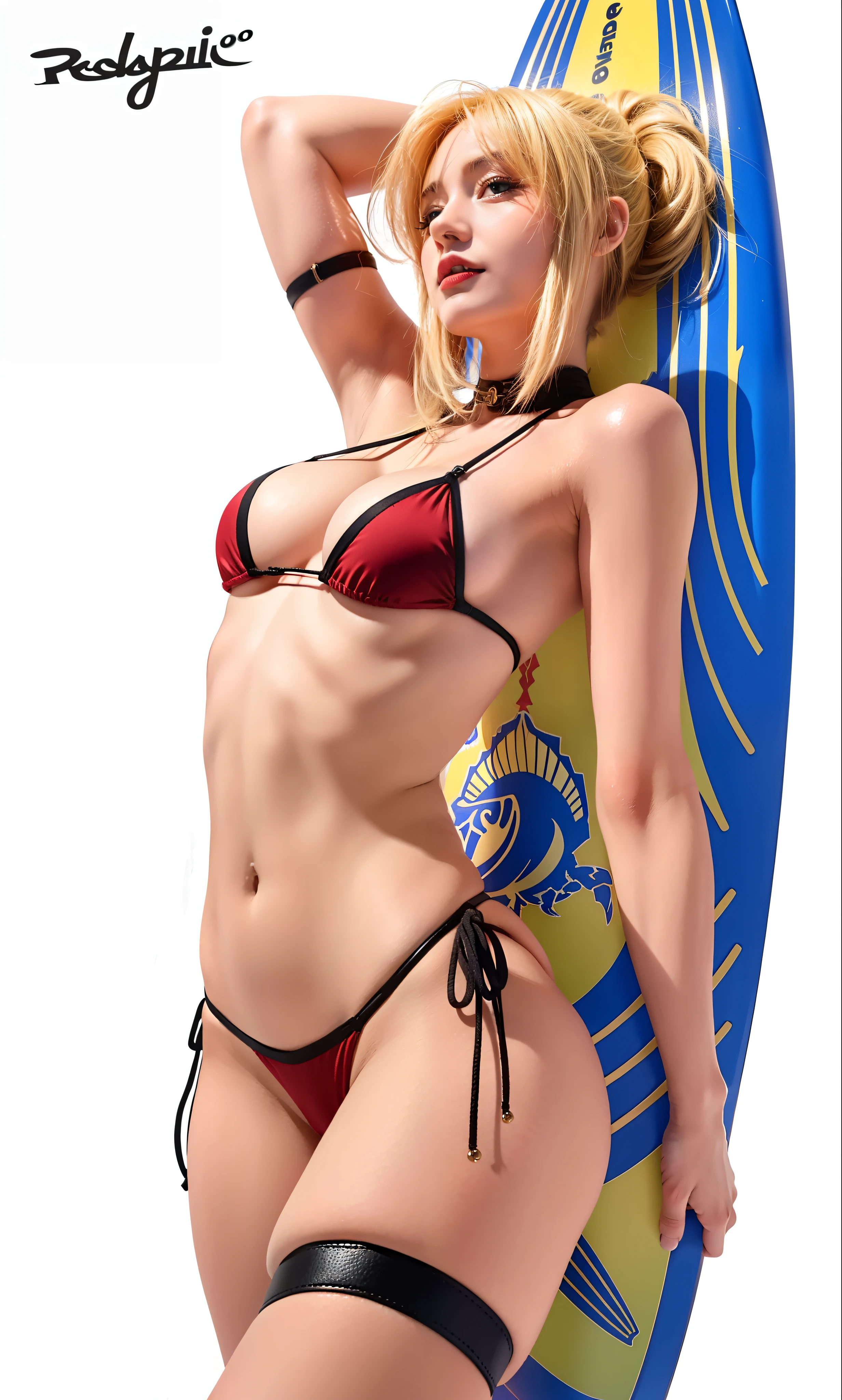 1girl, modred, bikini, tail hair, blonde hair, 8k, relistic, ultra detail, 70mm lens,