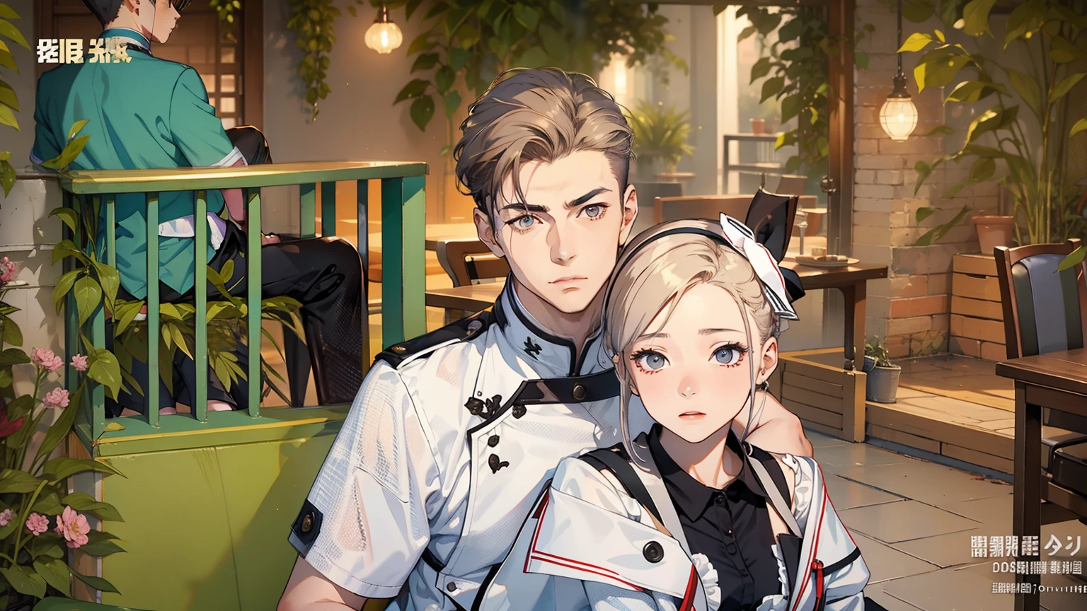 top-quality　​masterpiece　Male and female couples　Girl sitting on a chair wearing a tight skirt over a blouse。Boys hugging each other from behind。Boys wearing high school long pants uniforms with mash cut hairstyles。Without glasses、Revenge relationship