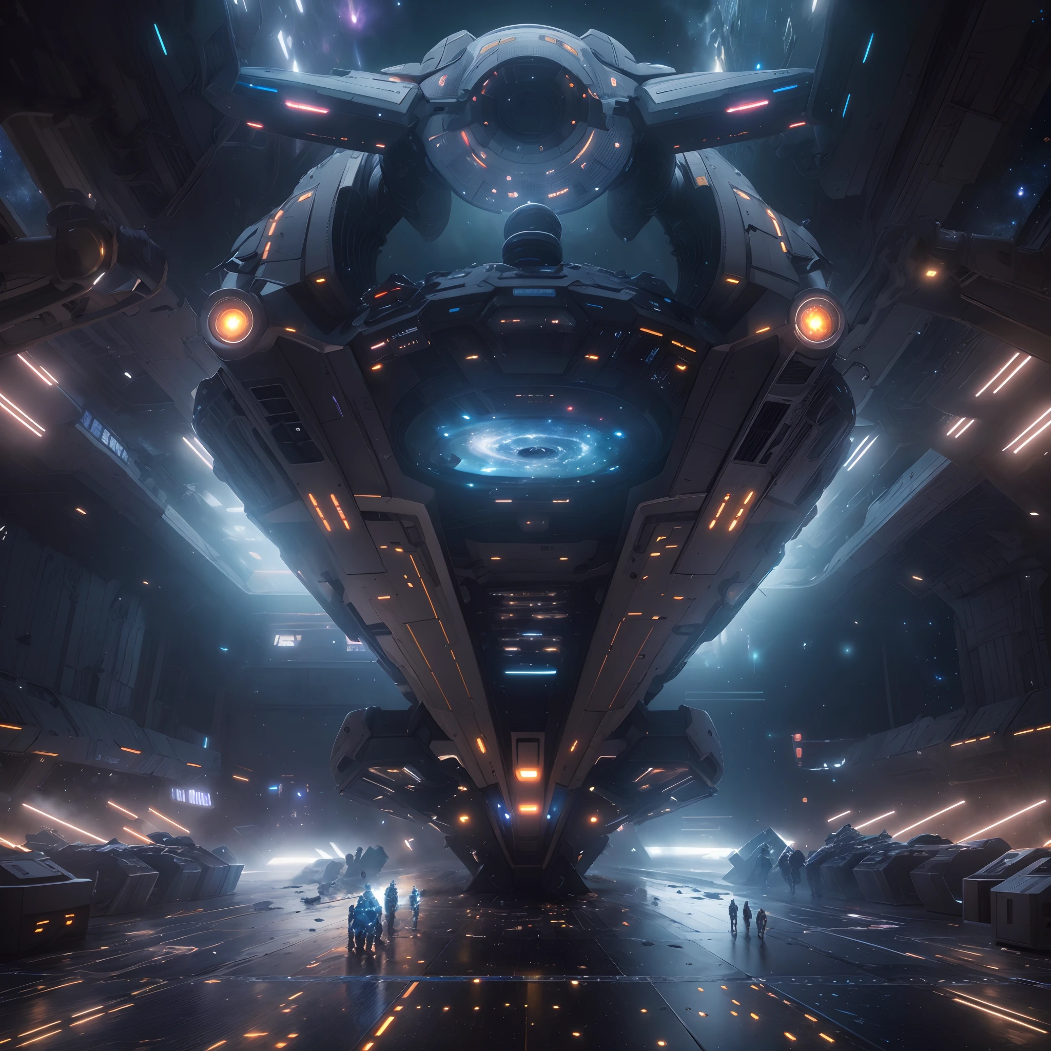 A huge spaceship,full bodyesbian，Solo，Spaceships in the Avengers，seen from outside，(multiple lighting sources:1.5),Detailed hull details,Cosmic galaxy background,Escaped spaceship,((Best quality)), ((Masterpiece)), (Epic composition:1.2), (unreal 5 render:1.1)